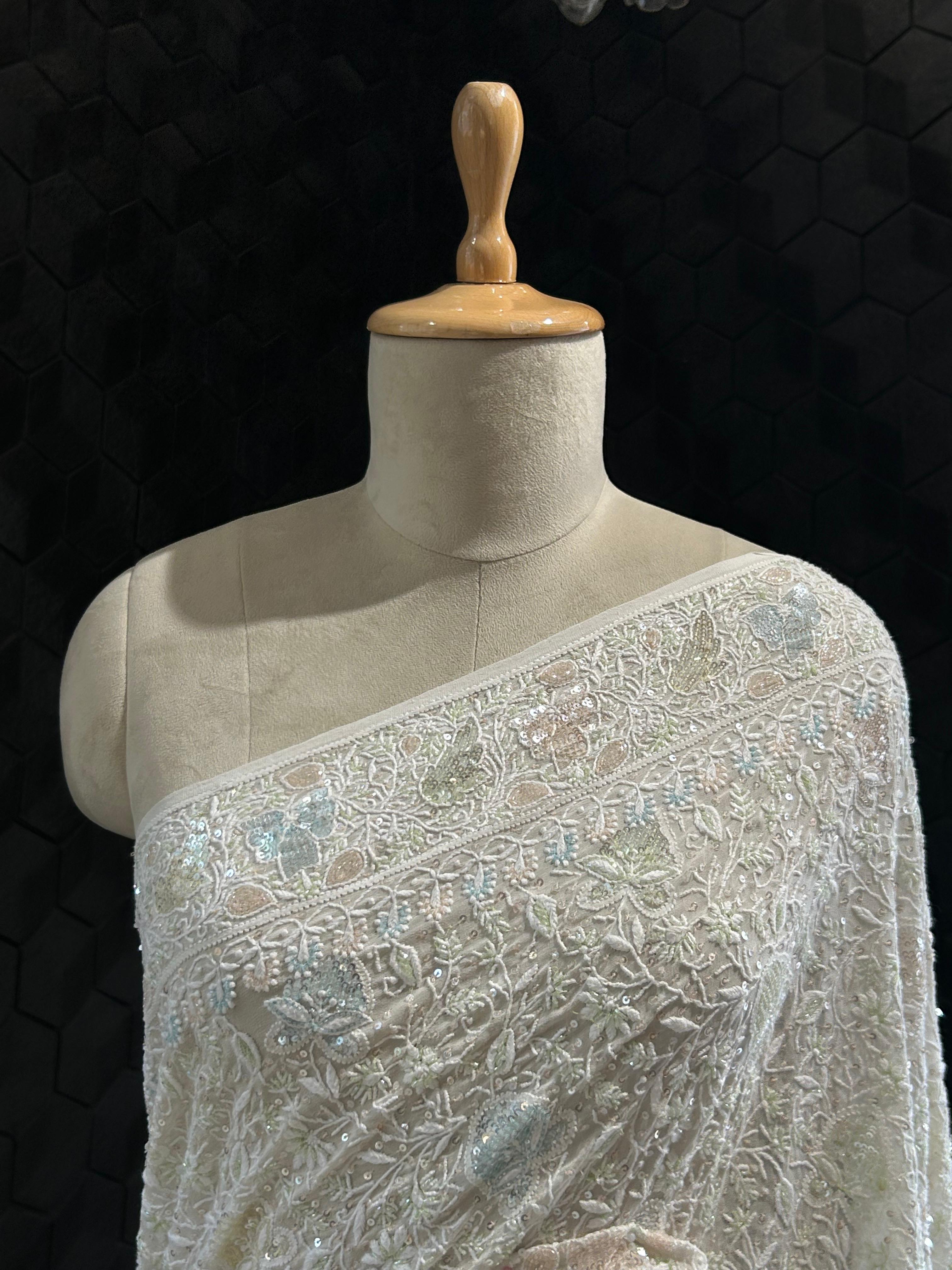 Off - white georgette chikankari saree