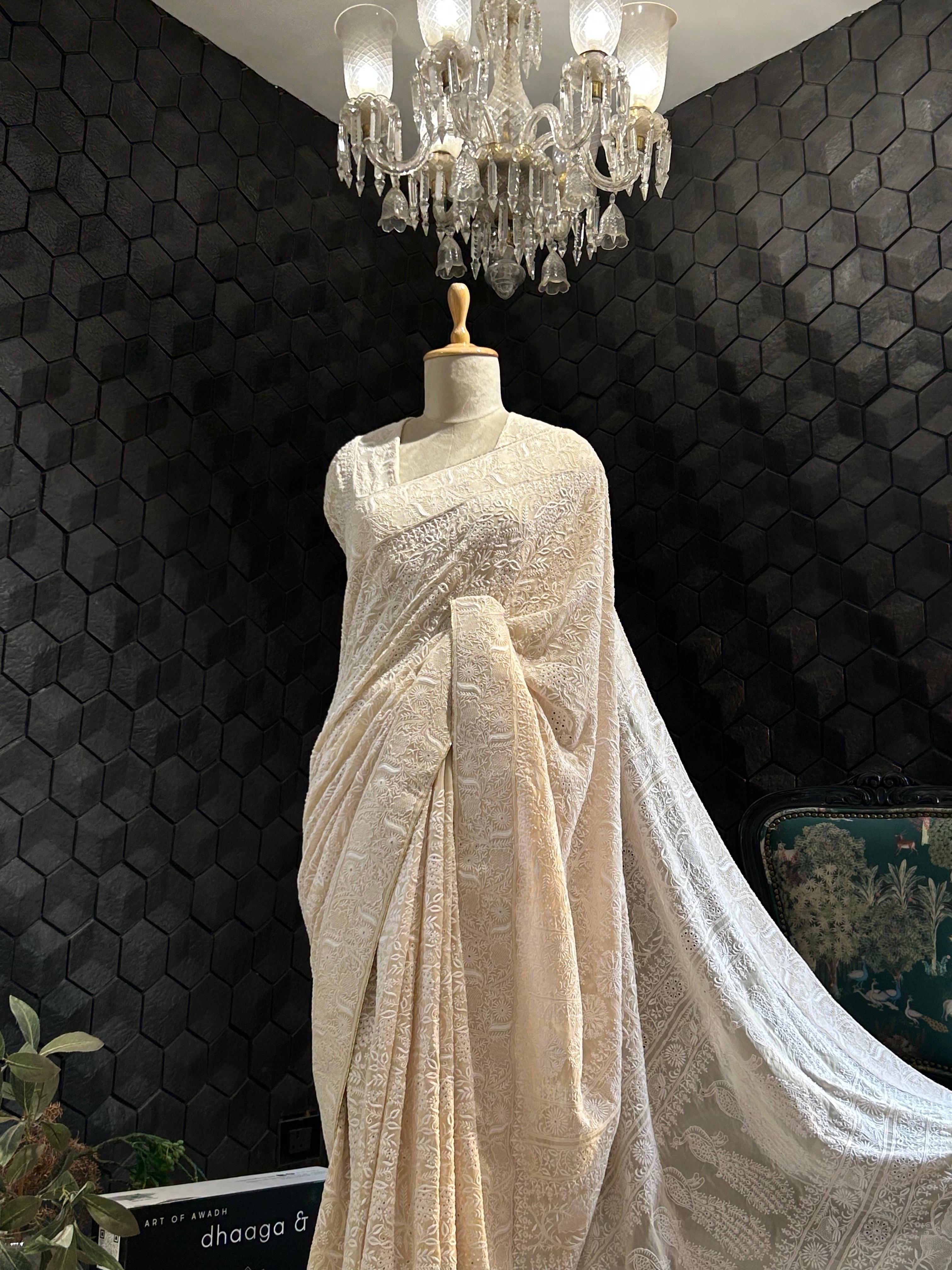Champagne georgette chikankari saree