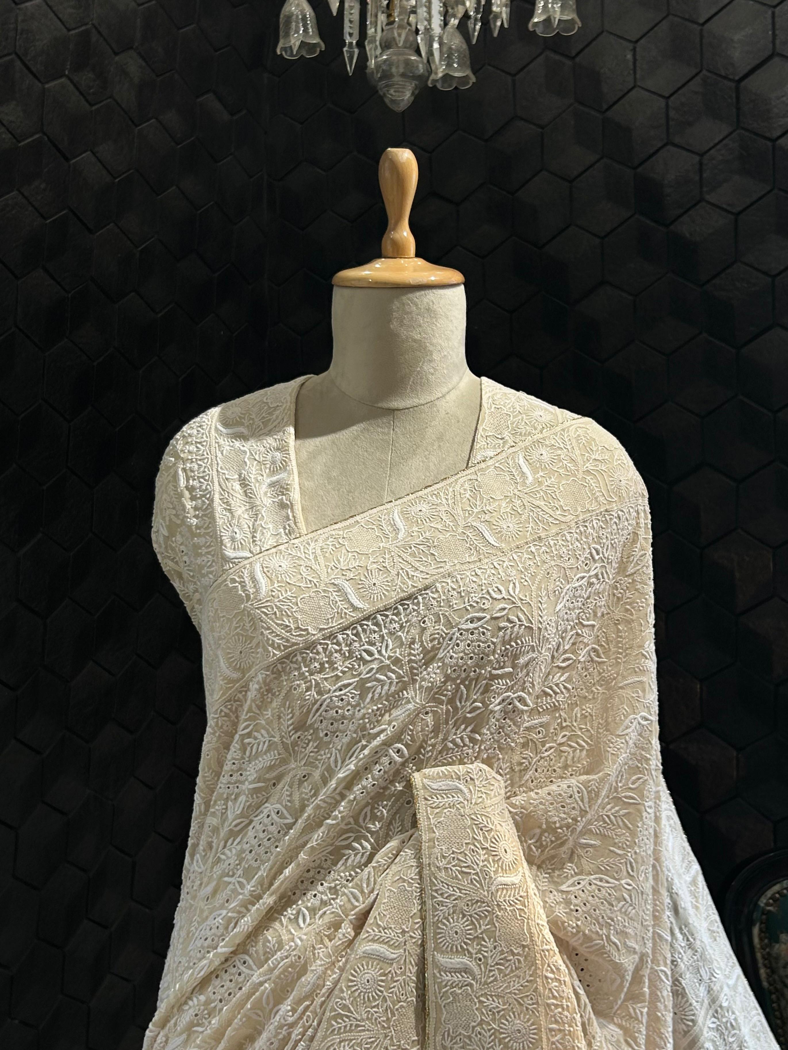 Champagne georgette chikankari saree