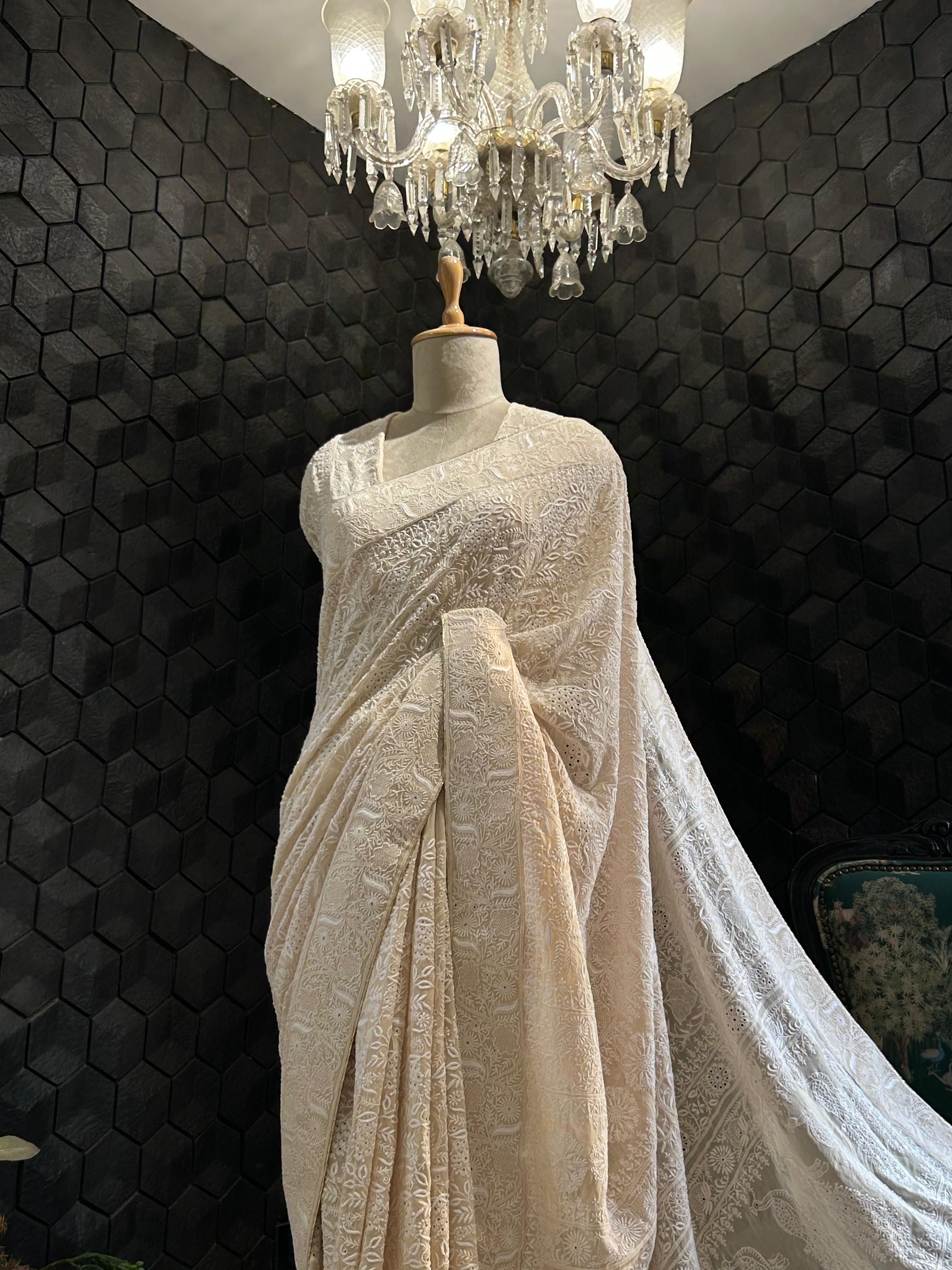 Champagne georgette chikankari saree