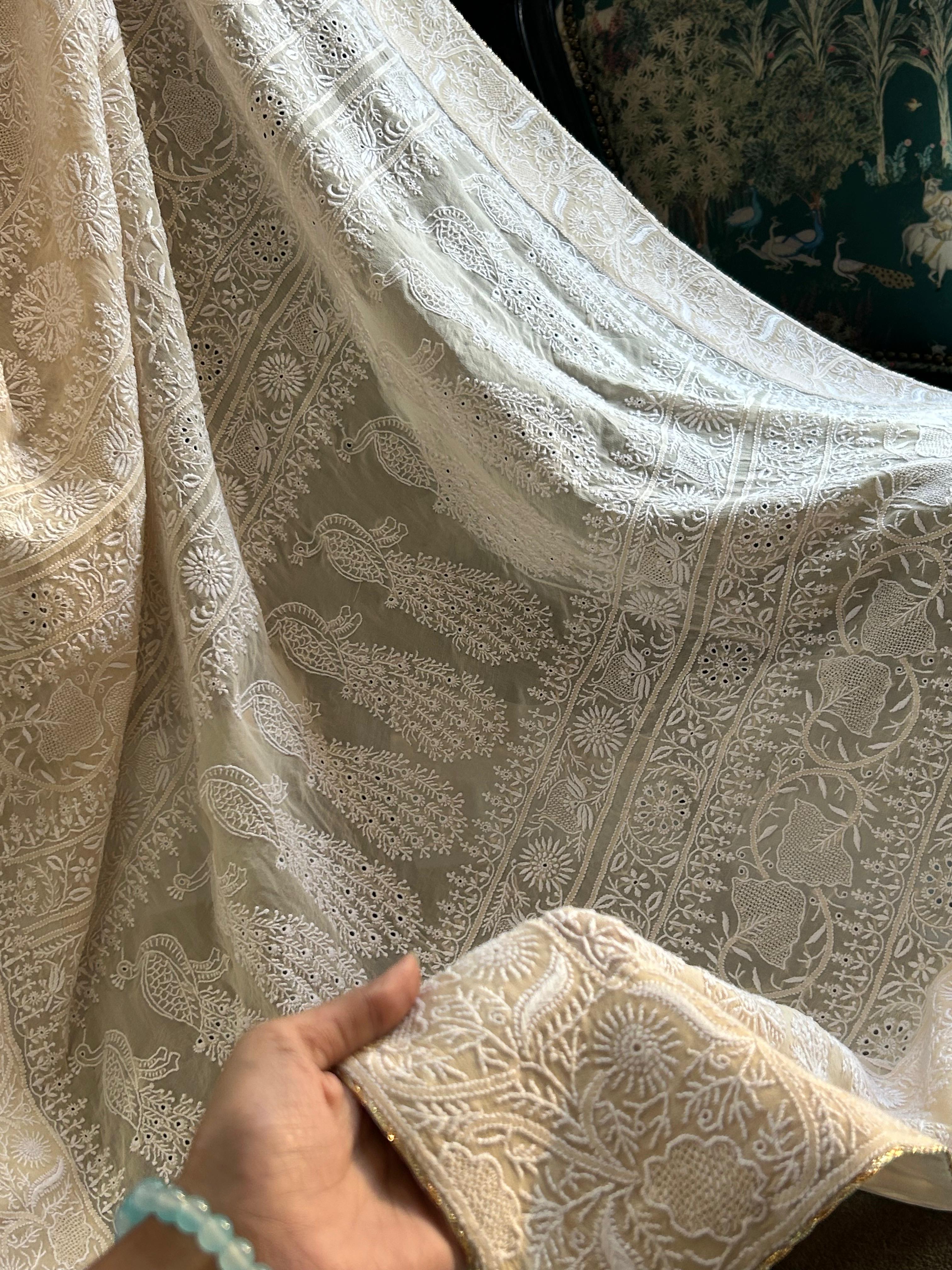 Champagne georgette chikankari saree