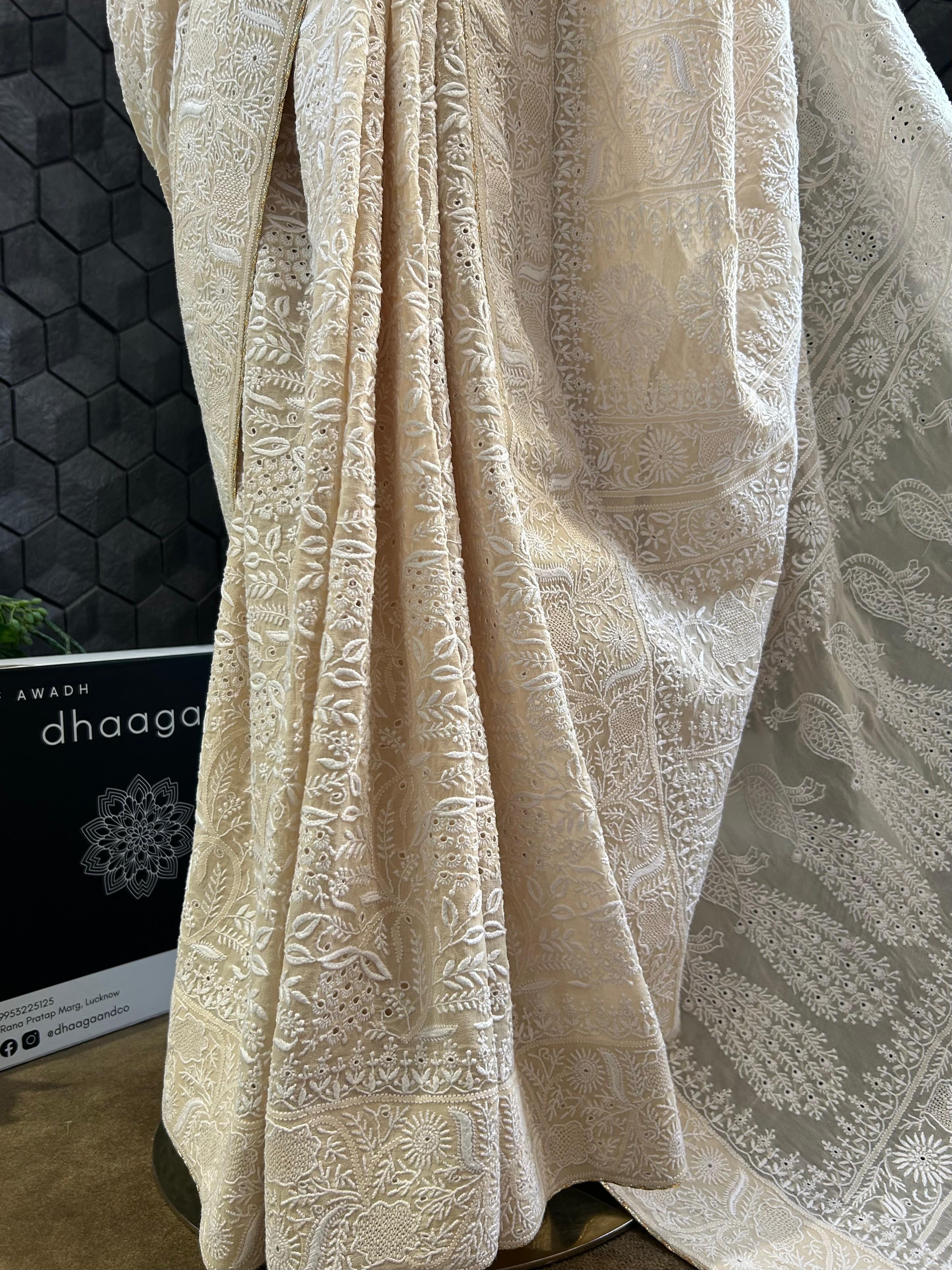 Champagne georgette chikankari saree
