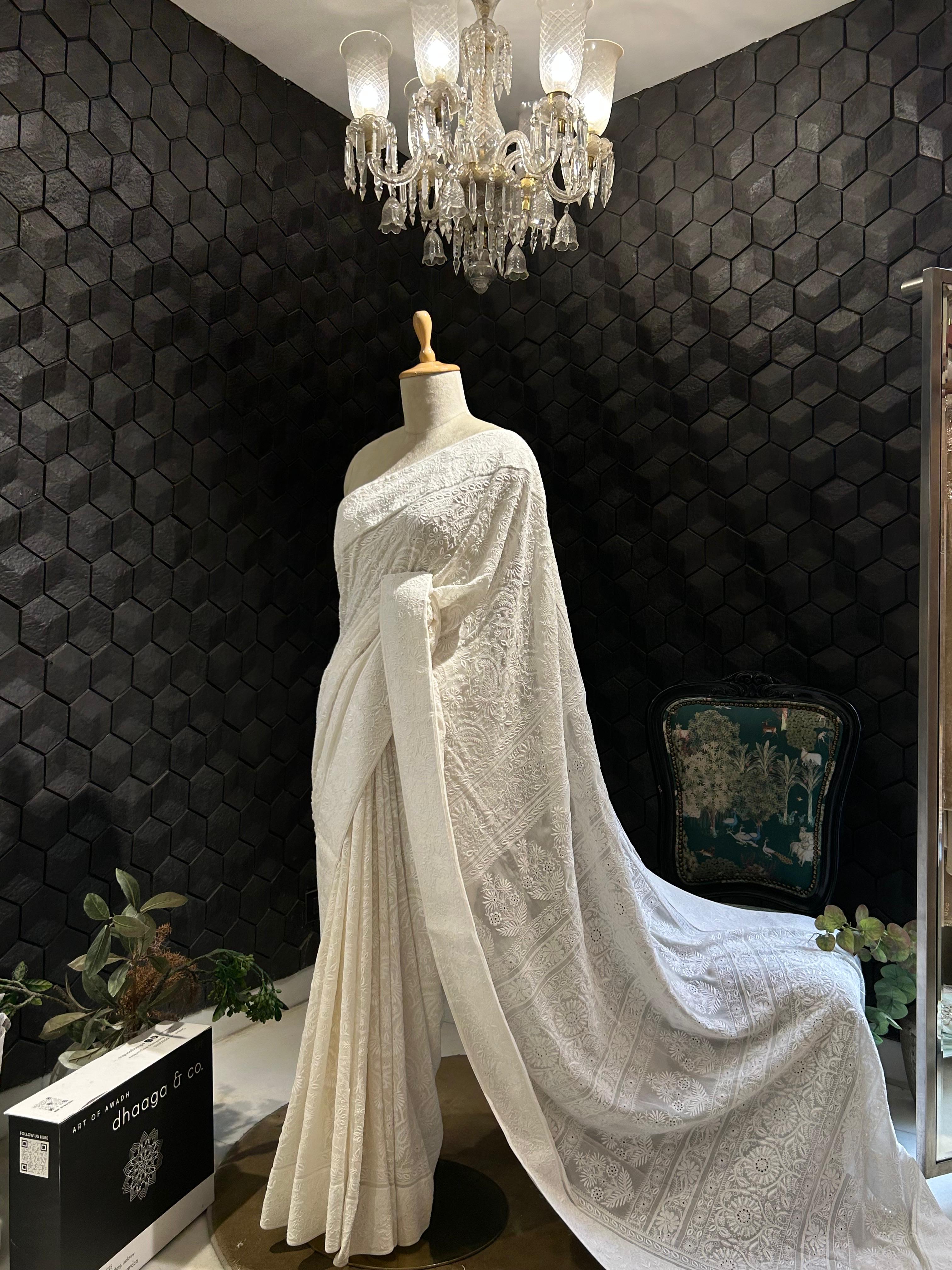 White Georgette chikankari Saree