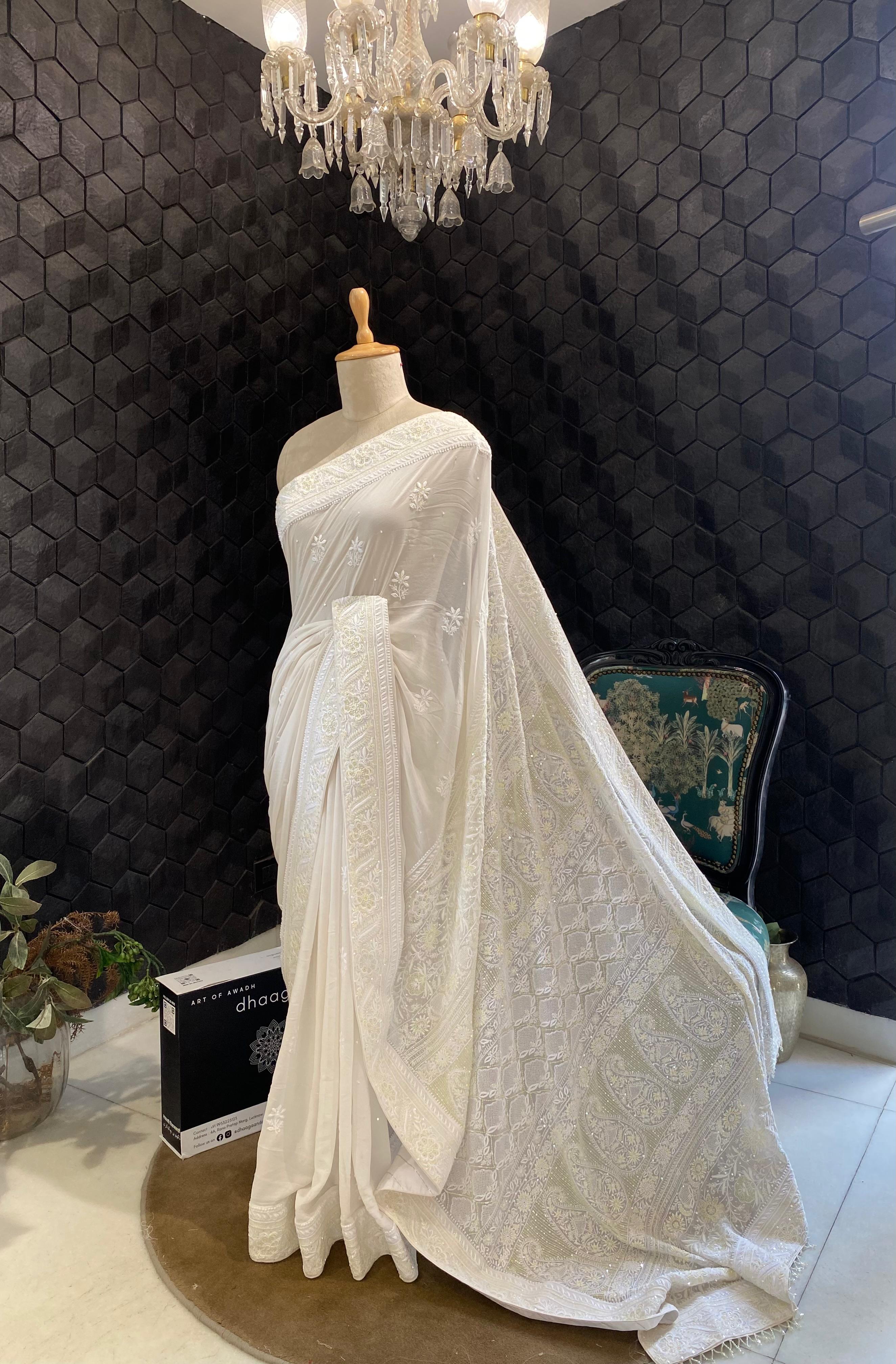 White Georgette chikankari saree