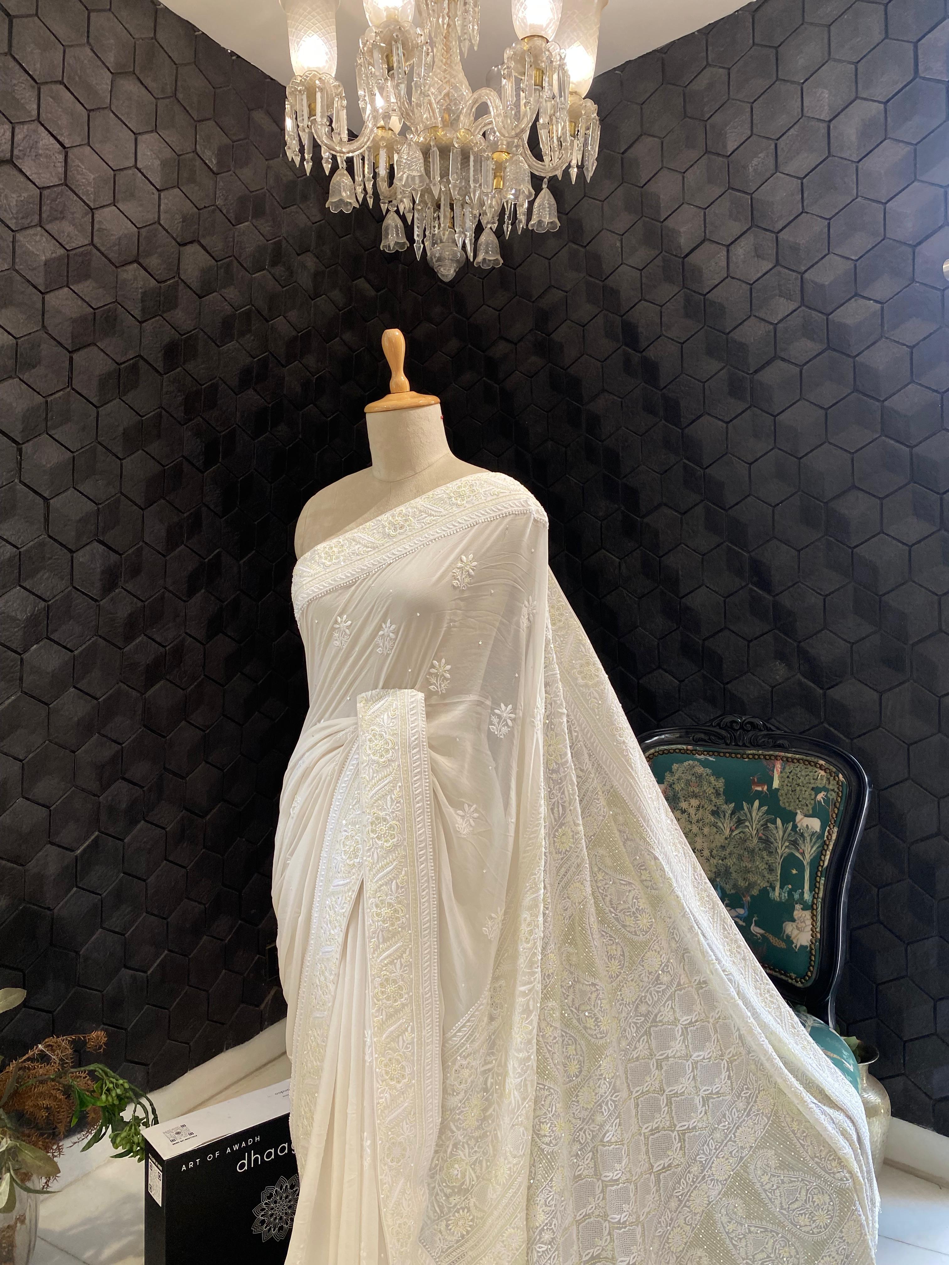 White Georgette chikankari saree