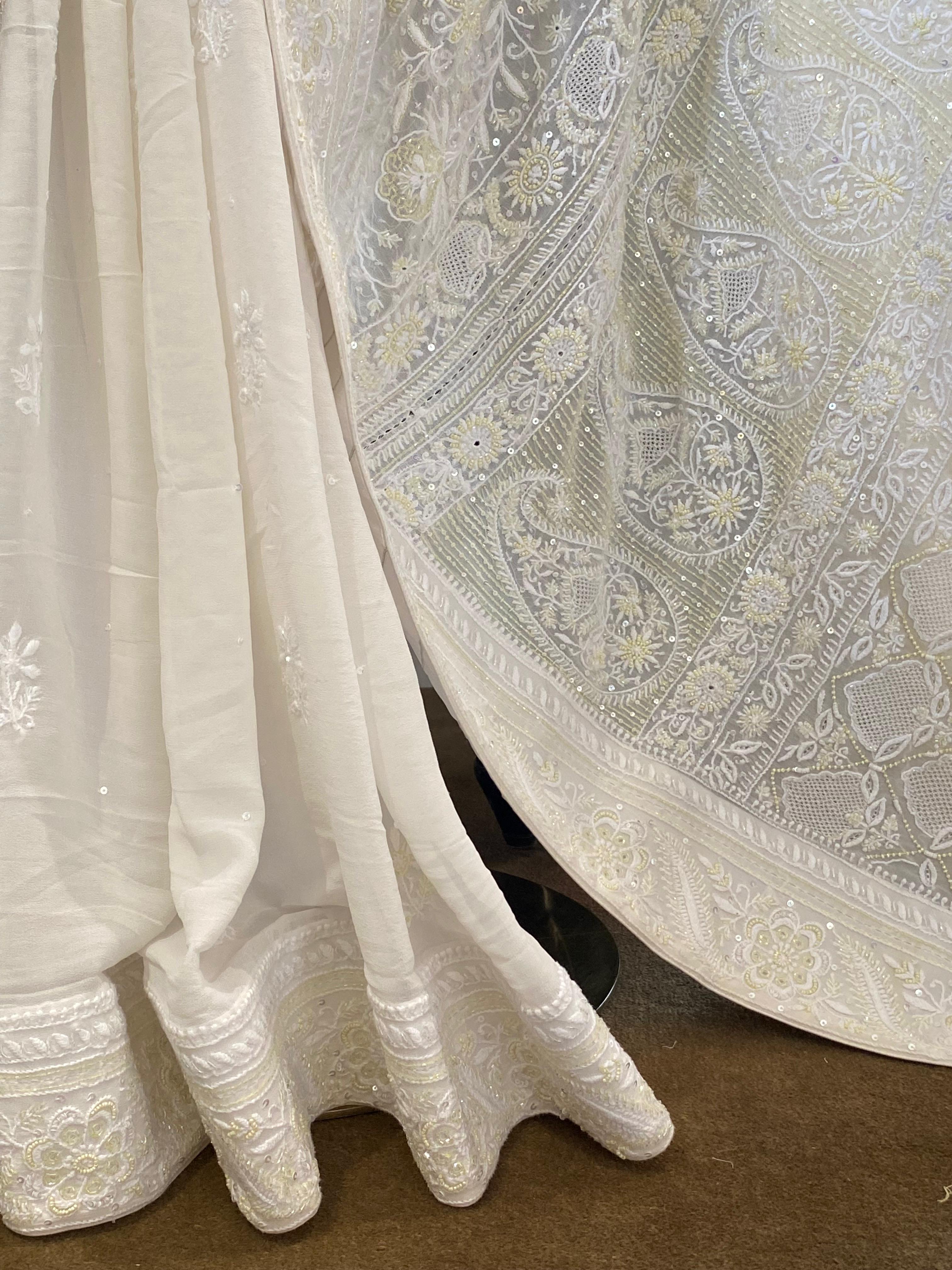 White Georgette chikankari saree