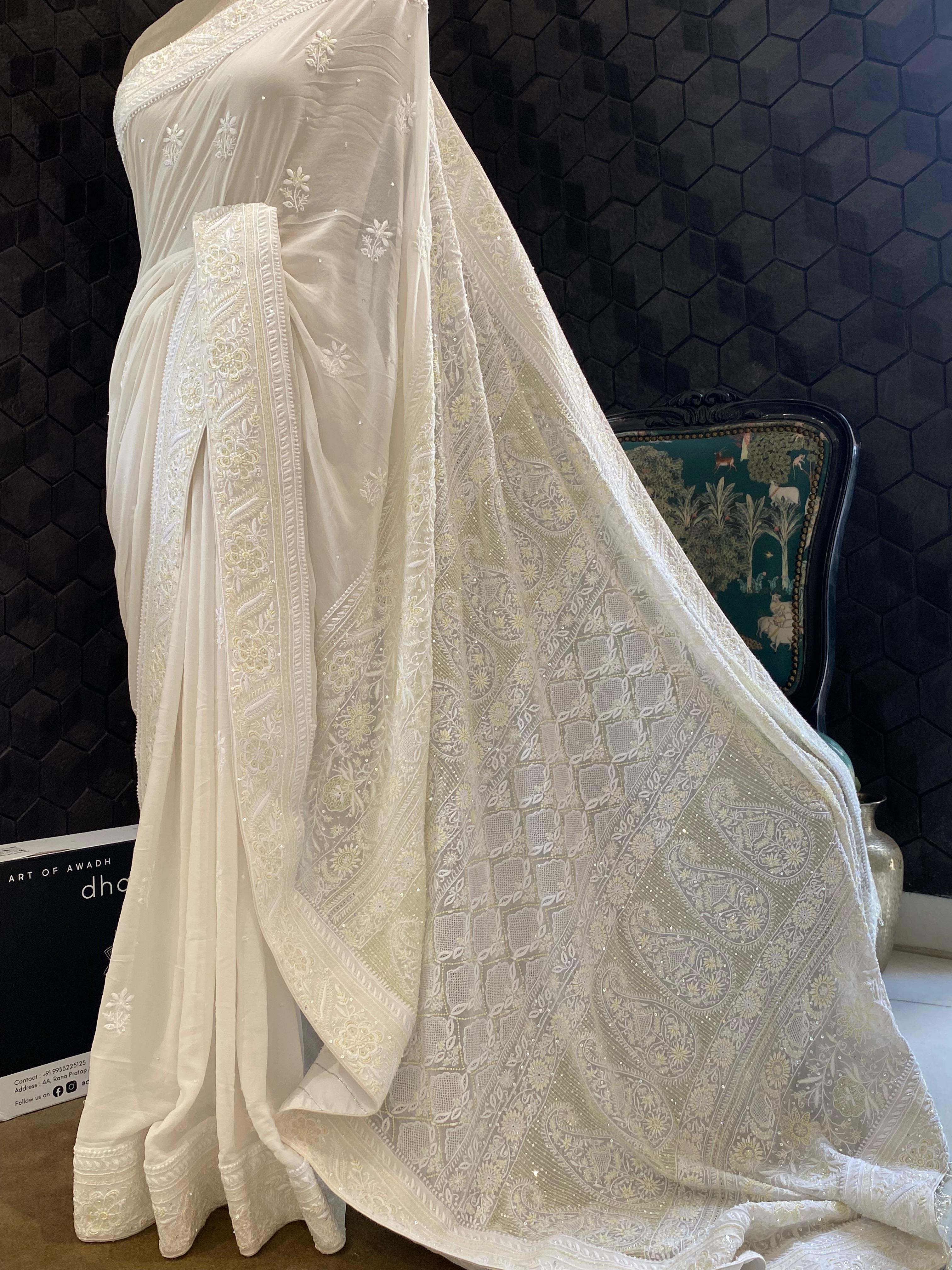 White Georgette chikankari saree
