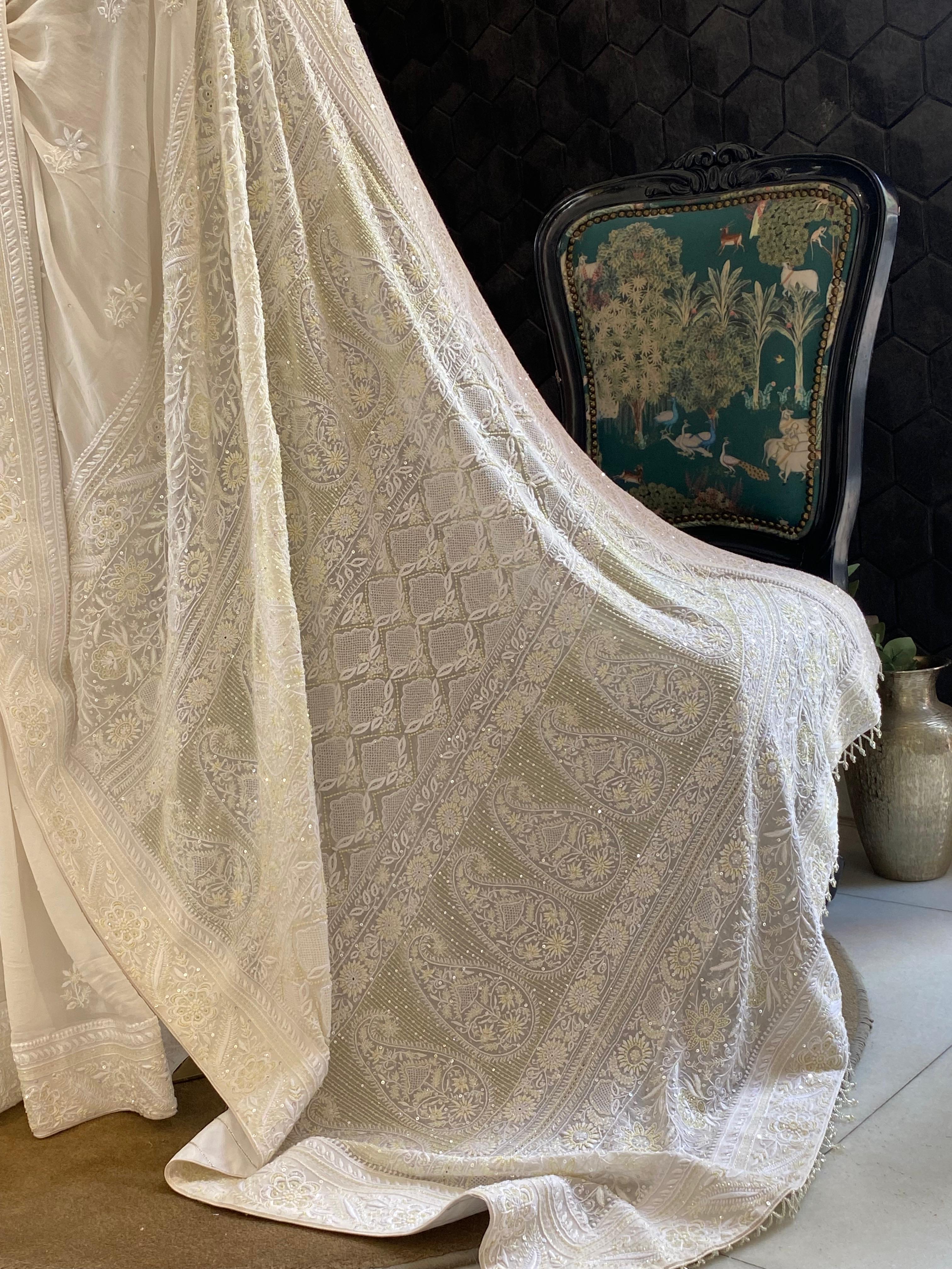 White Georgette chikankari saree