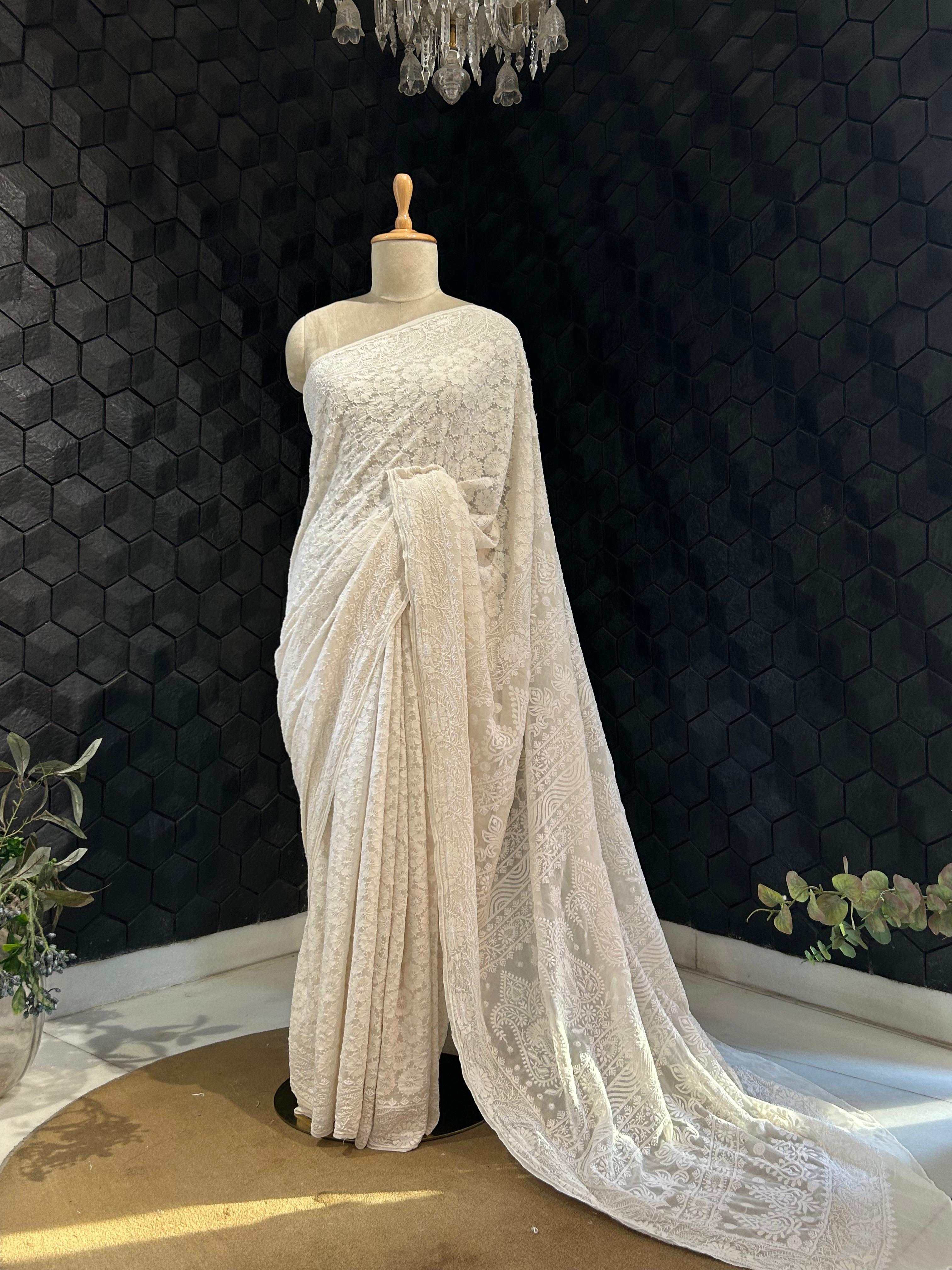 White georgette chikankari saree