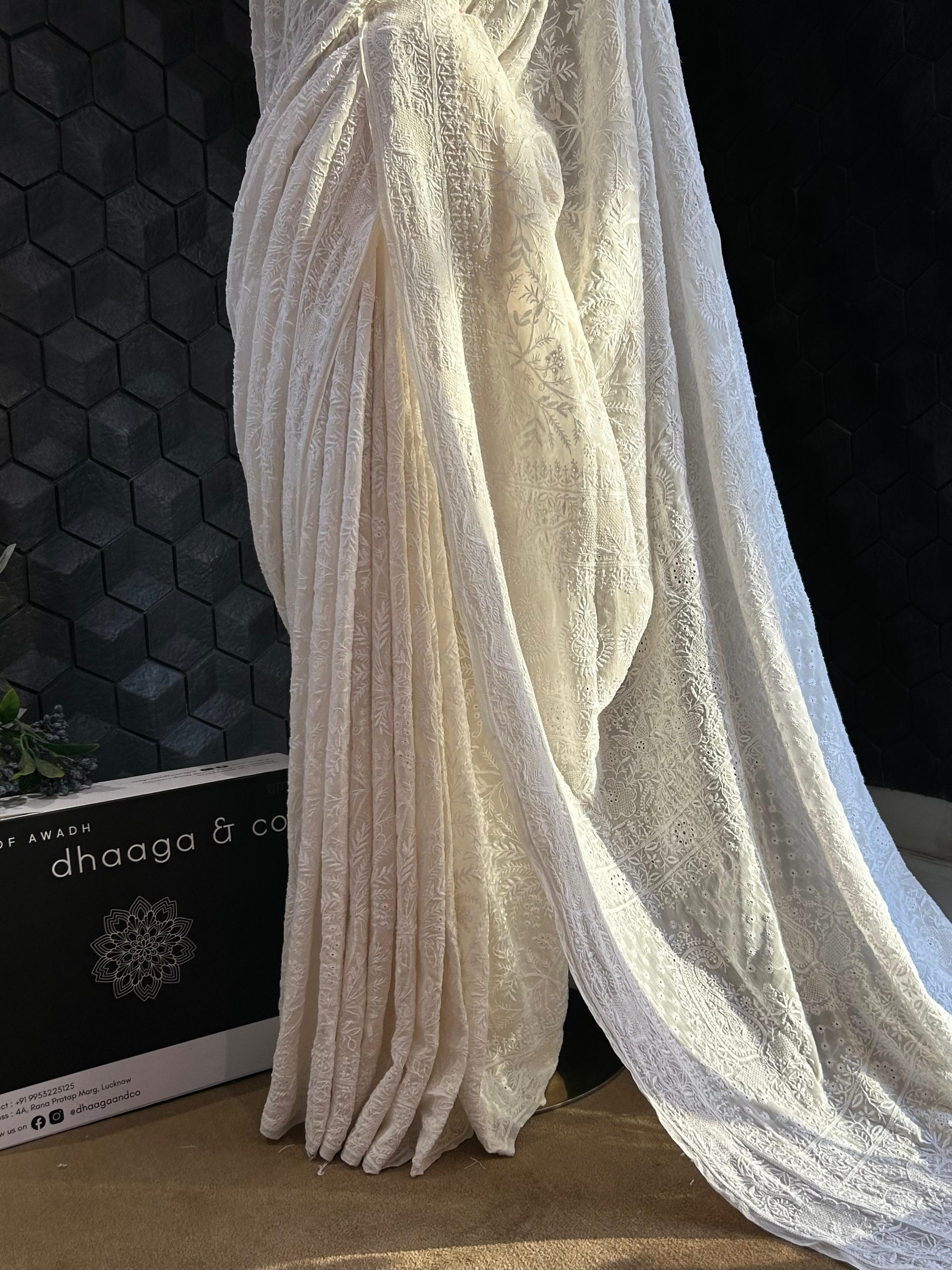 White georgette chikankari saree