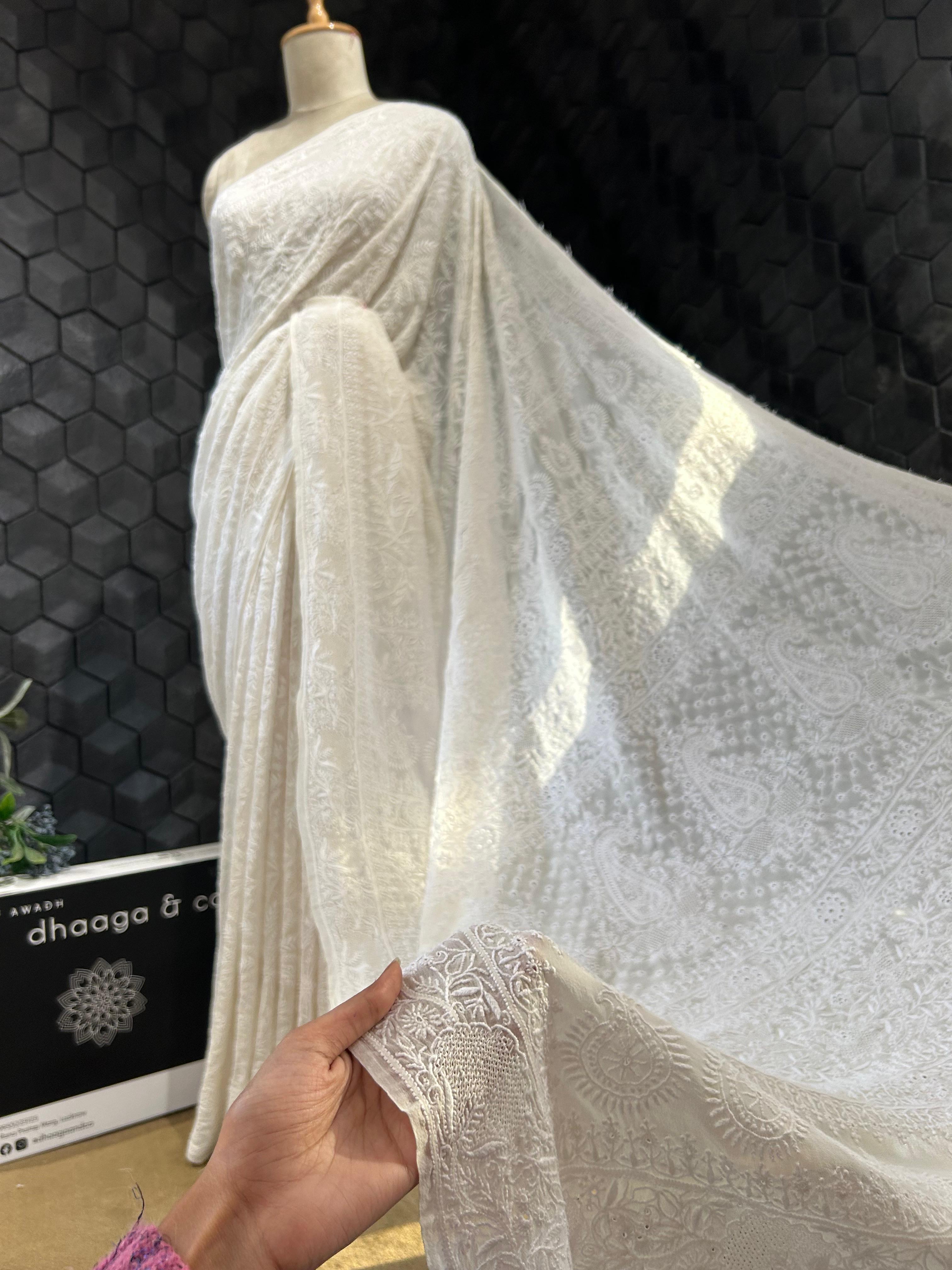 White georgette chikankari saree