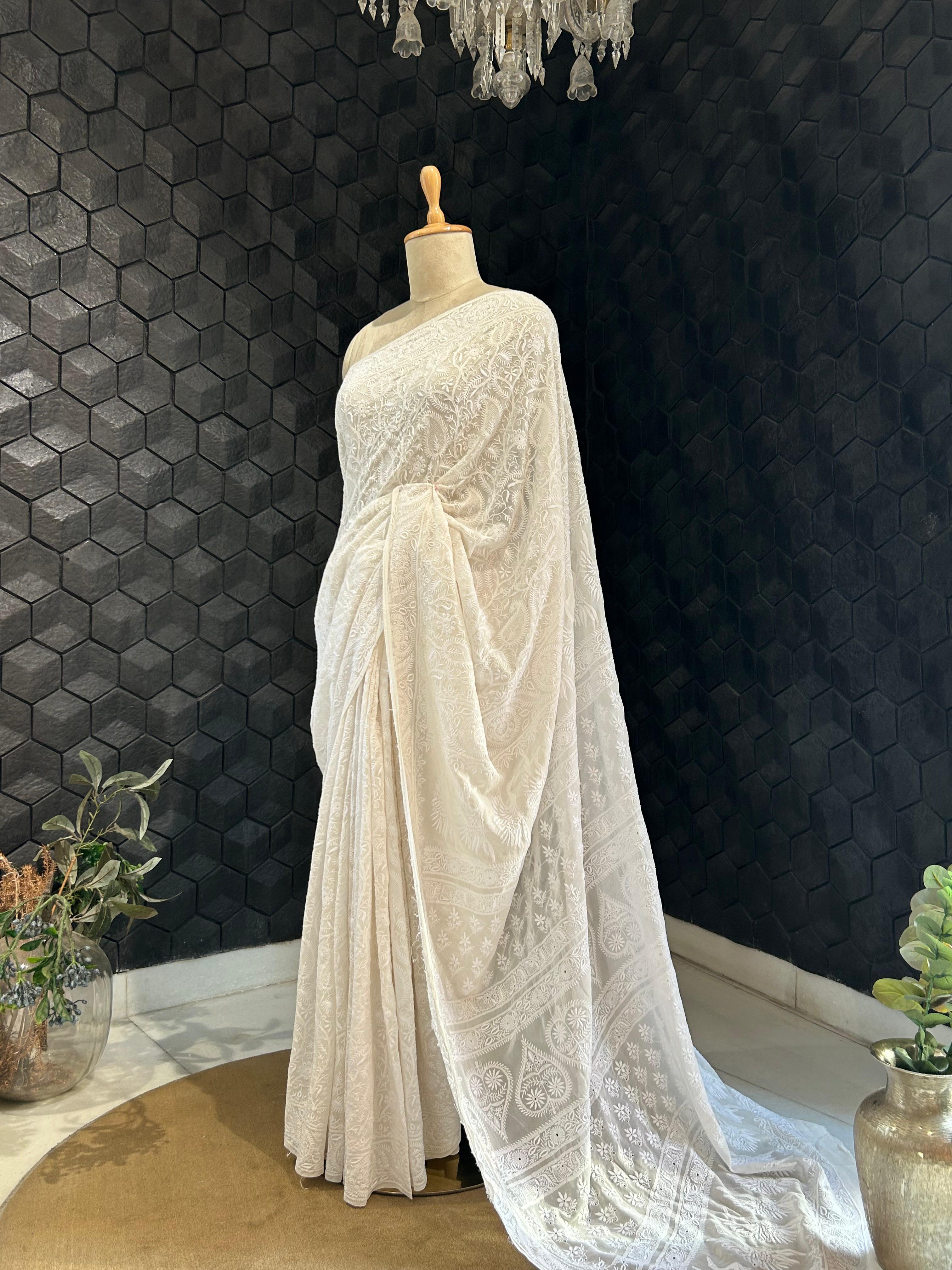 White georgette chikankari saree