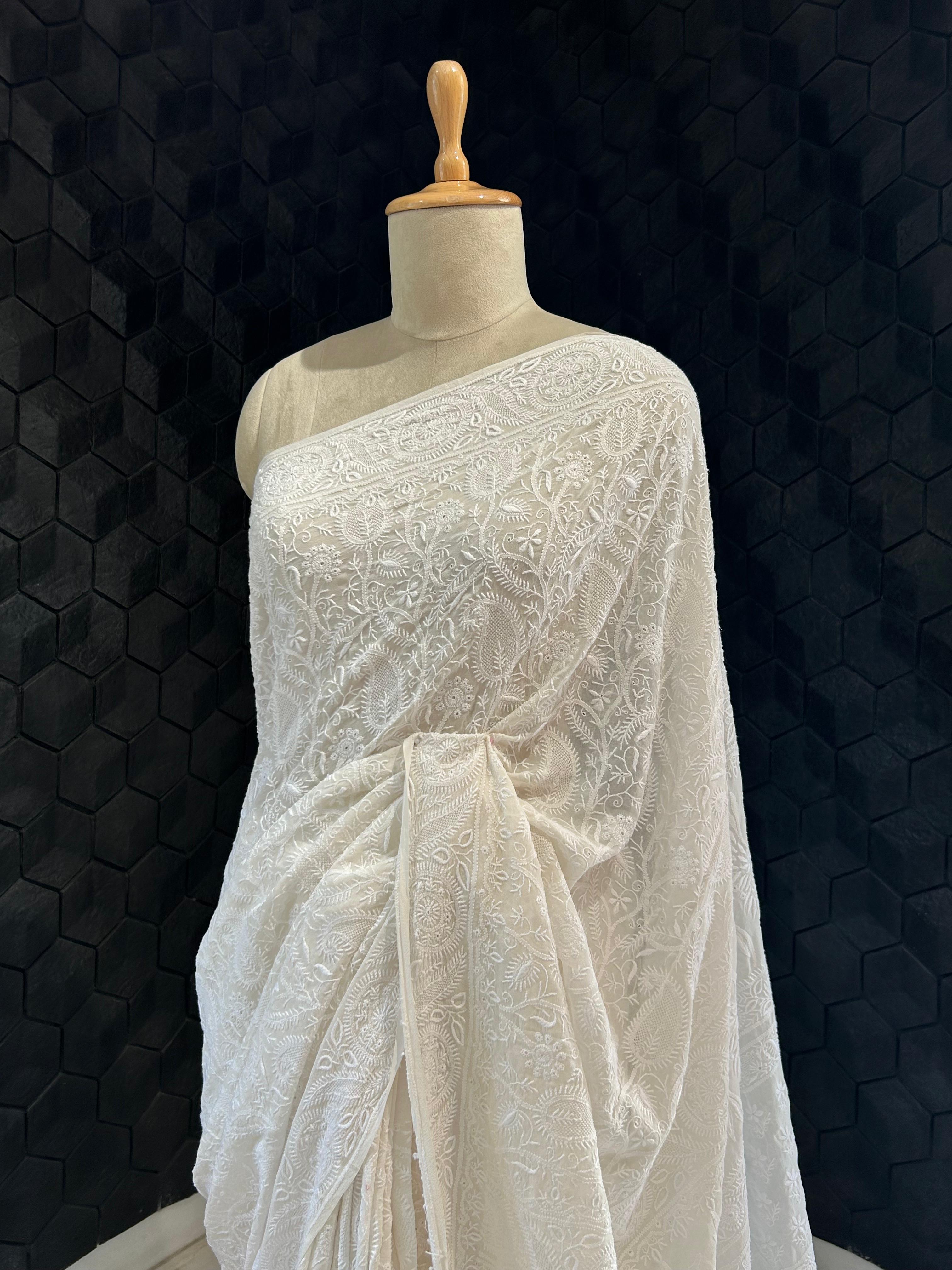 White georgette chikankari saree