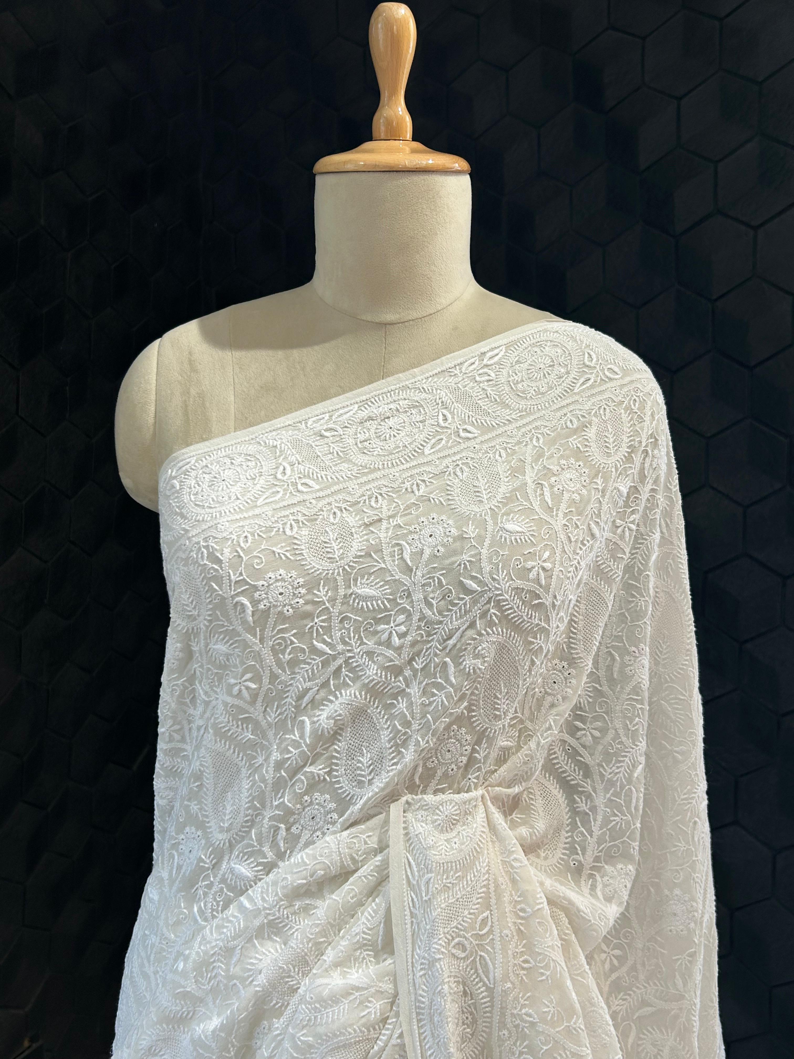 White georgette chikankari saree