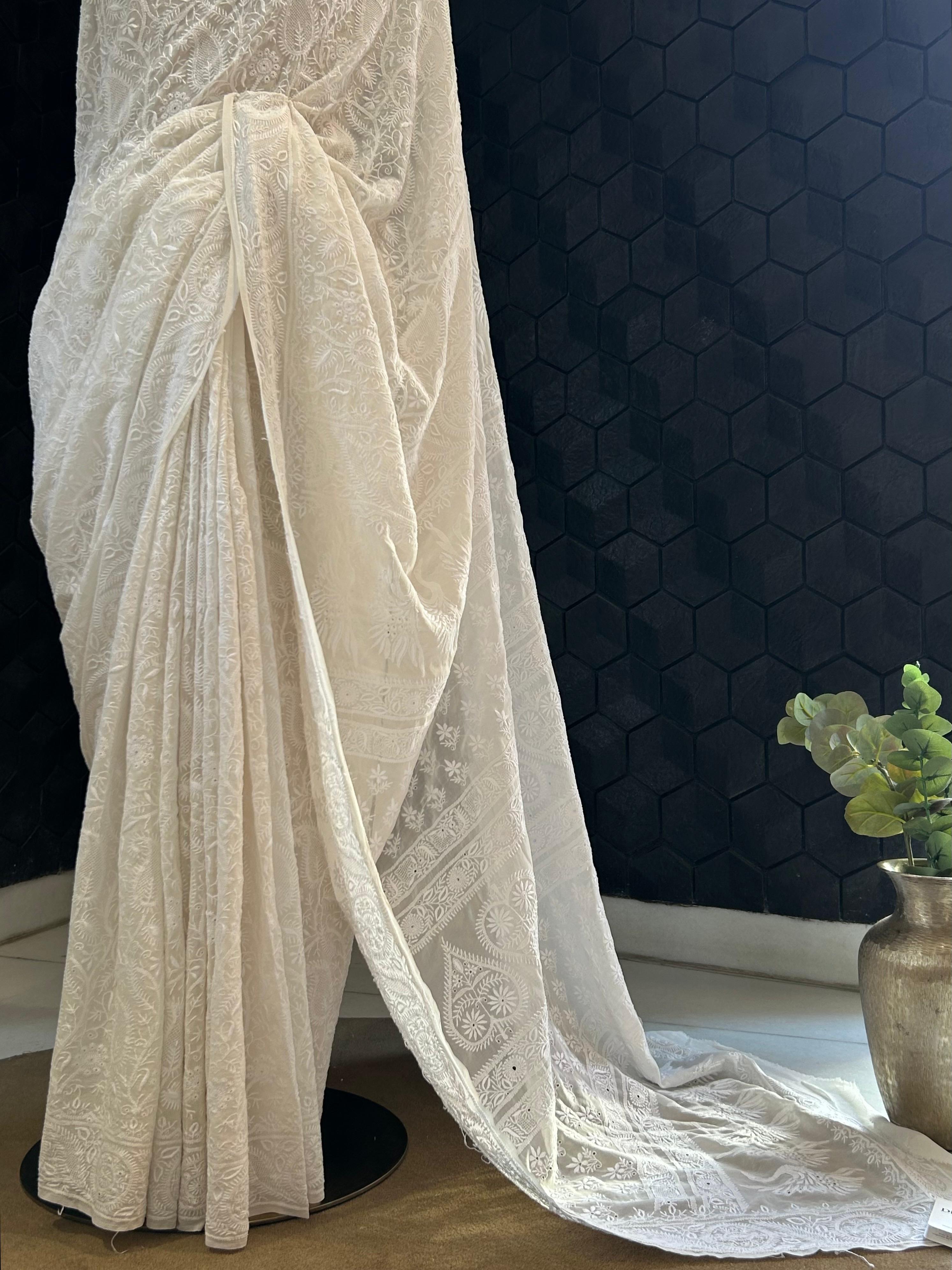 White georgette chikankari saree