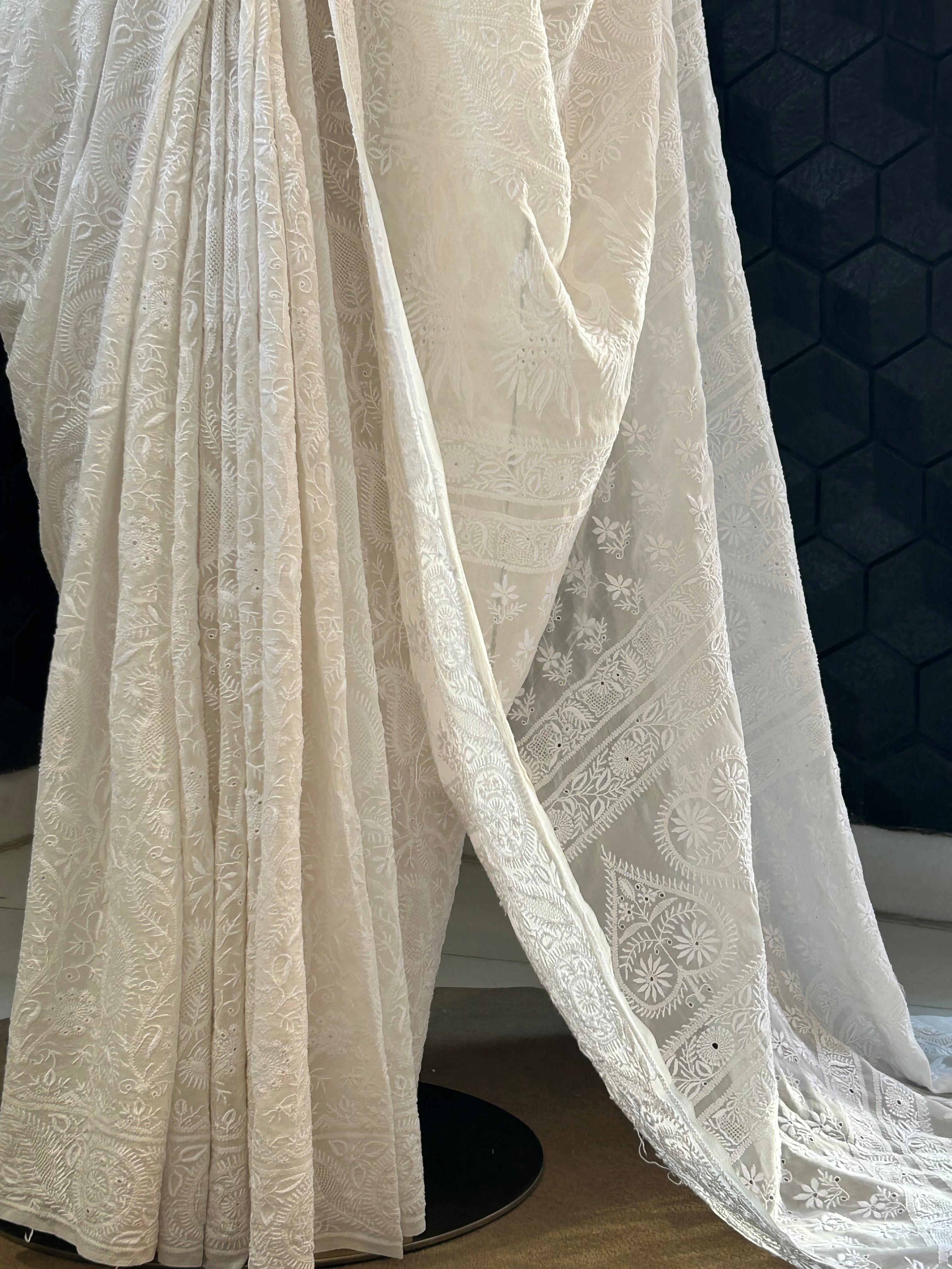 White georgette chikankari saree