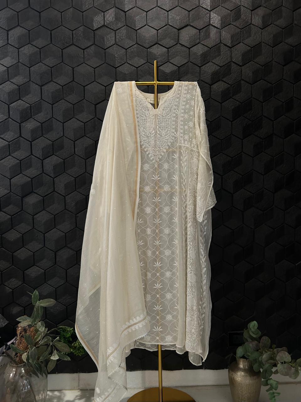 Ivory Mul Chanderi Chikankari Anarkali Set