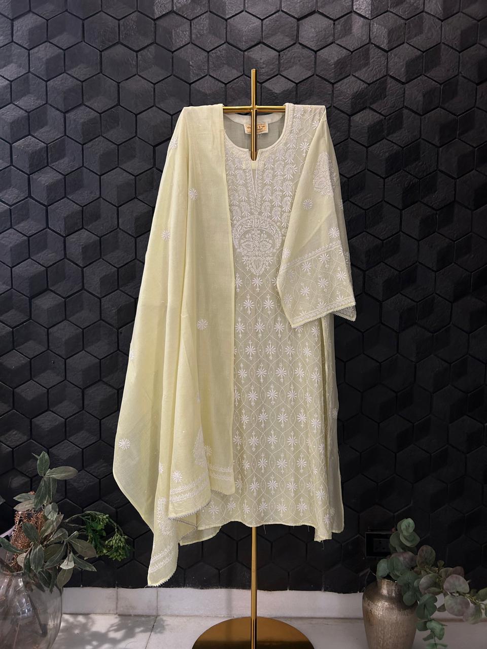 Green Maheshwari Chikankari Kurta Set