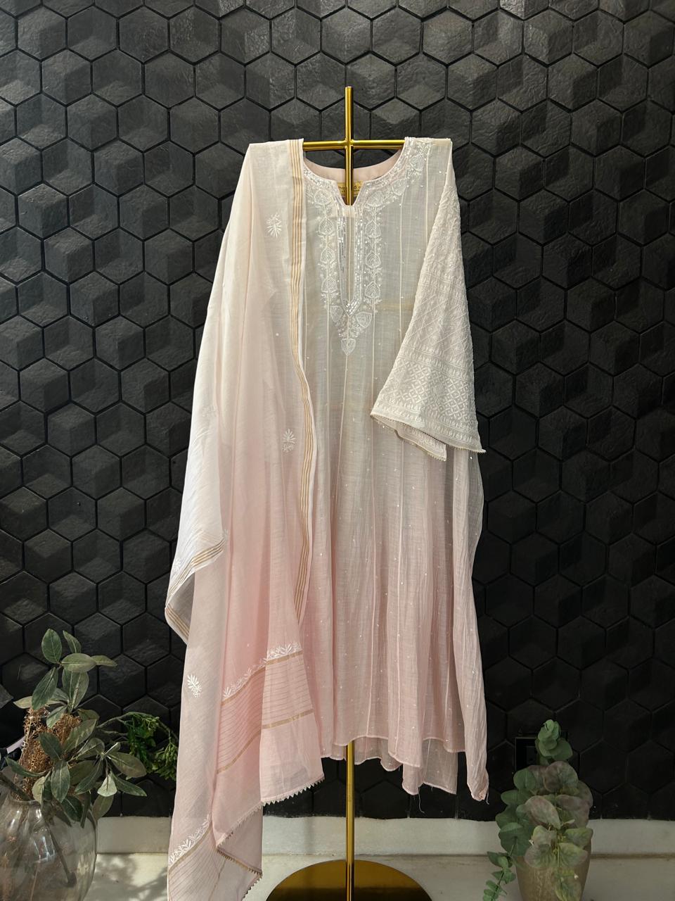Pink  Mul Chanderi Chikankari Anarkali Set