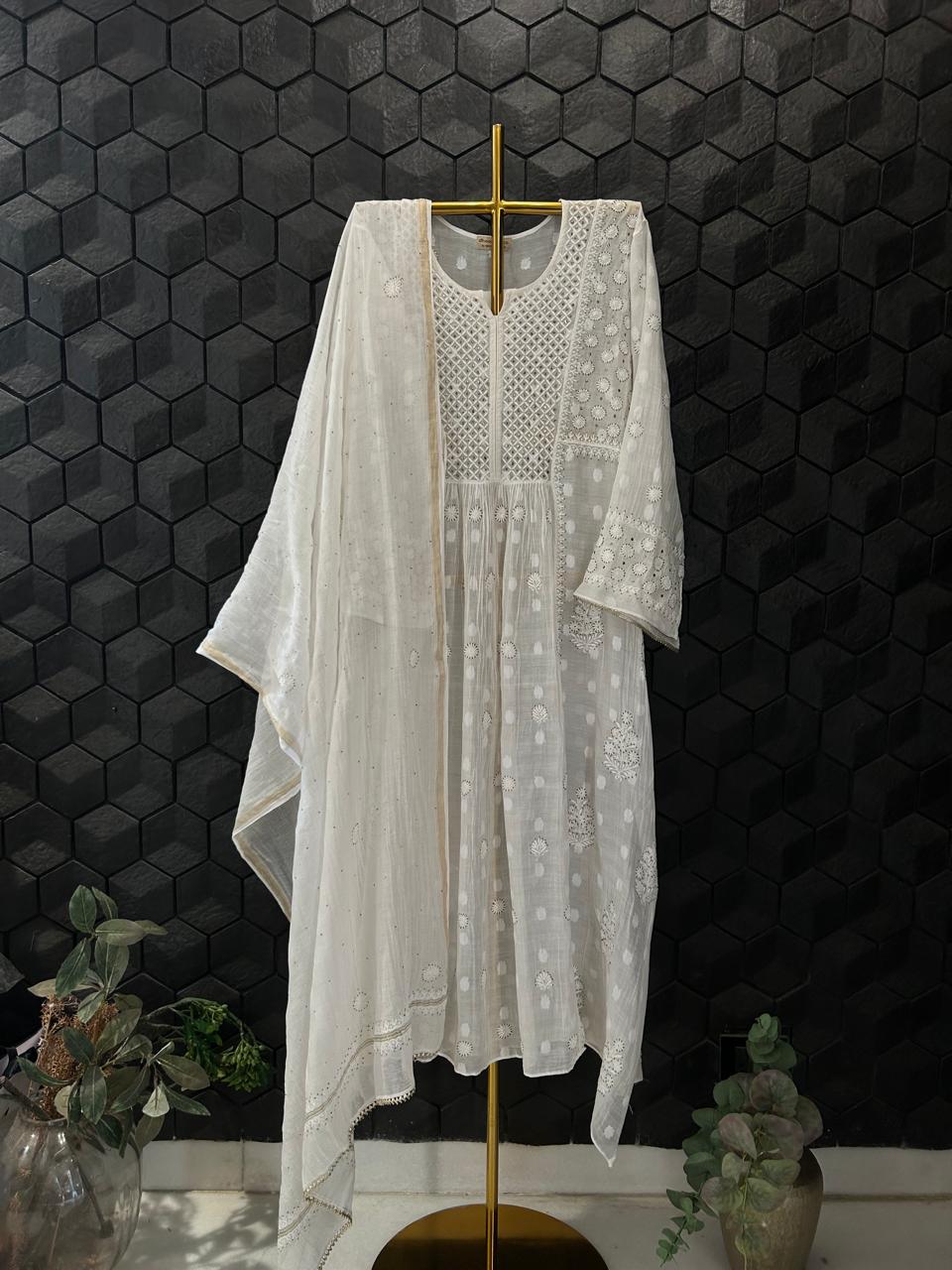 White Mul Chanderi Front-Tuck Kurta Set