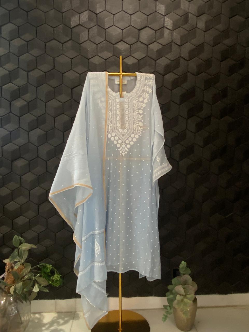 Blue Mul Chanderi Chikankari Kurta Set