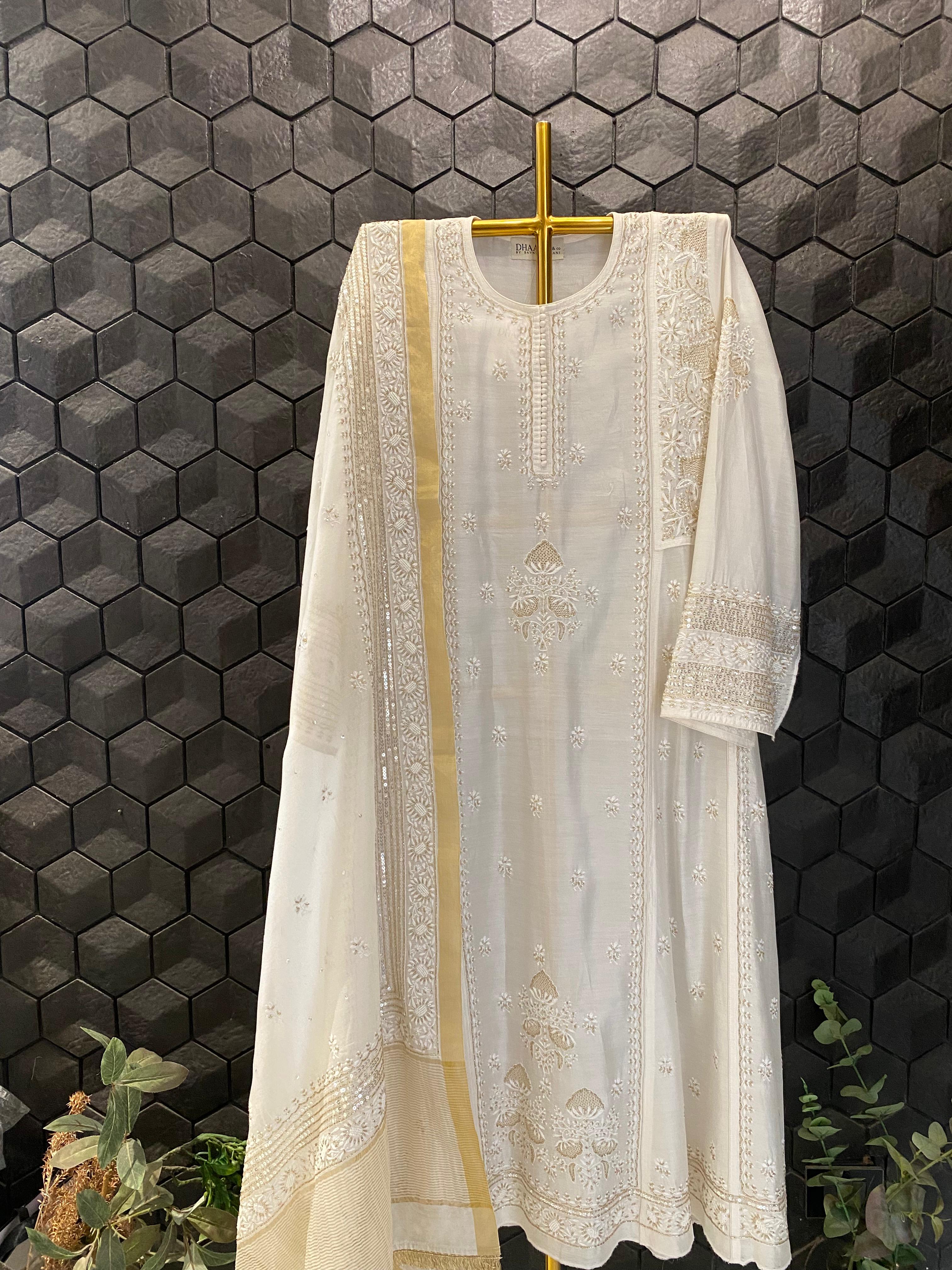 White Chanderi Chikankari Anarkali Set