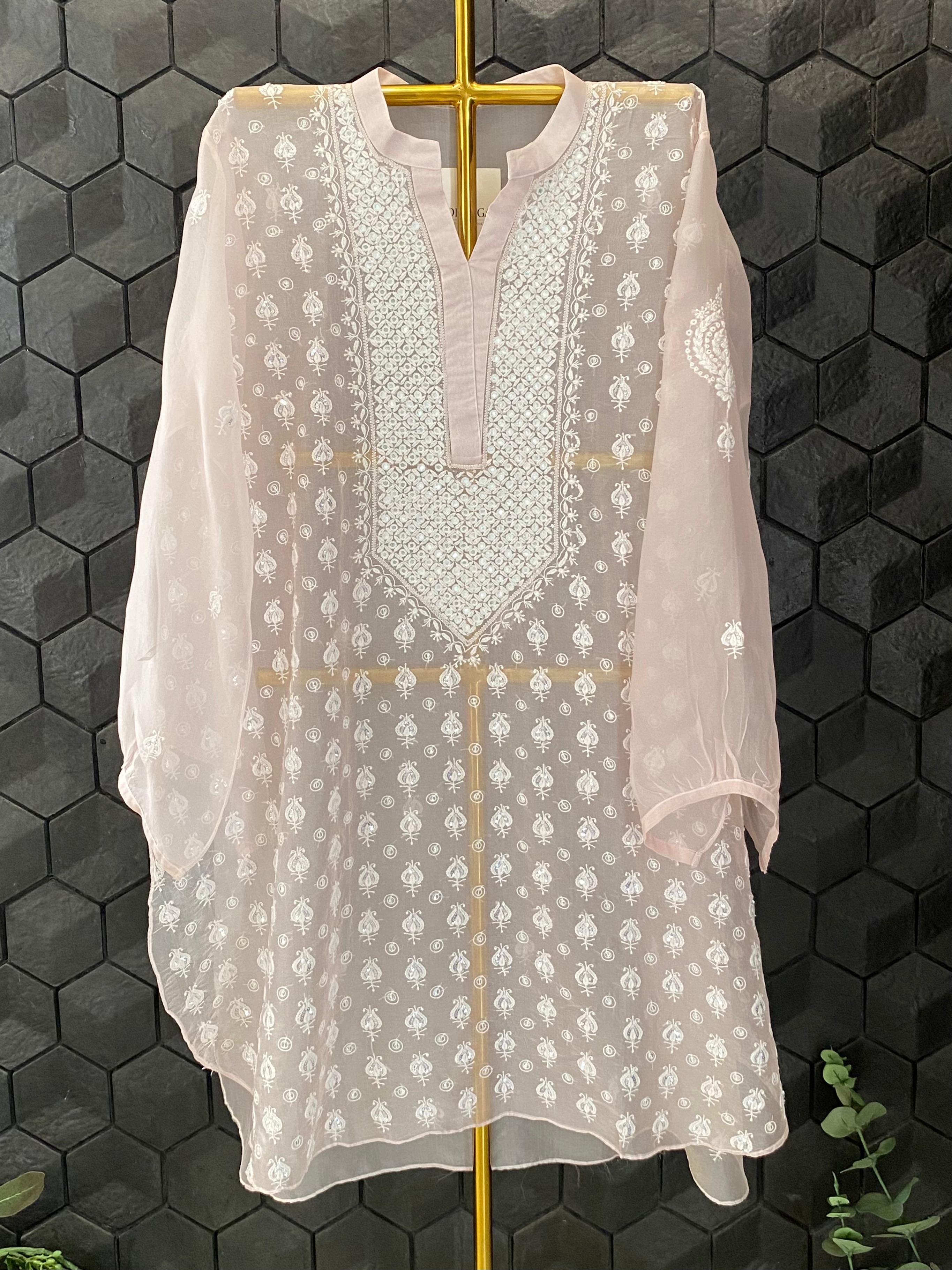 Pink Organza Chikankari Mirror Work Co-ord Set