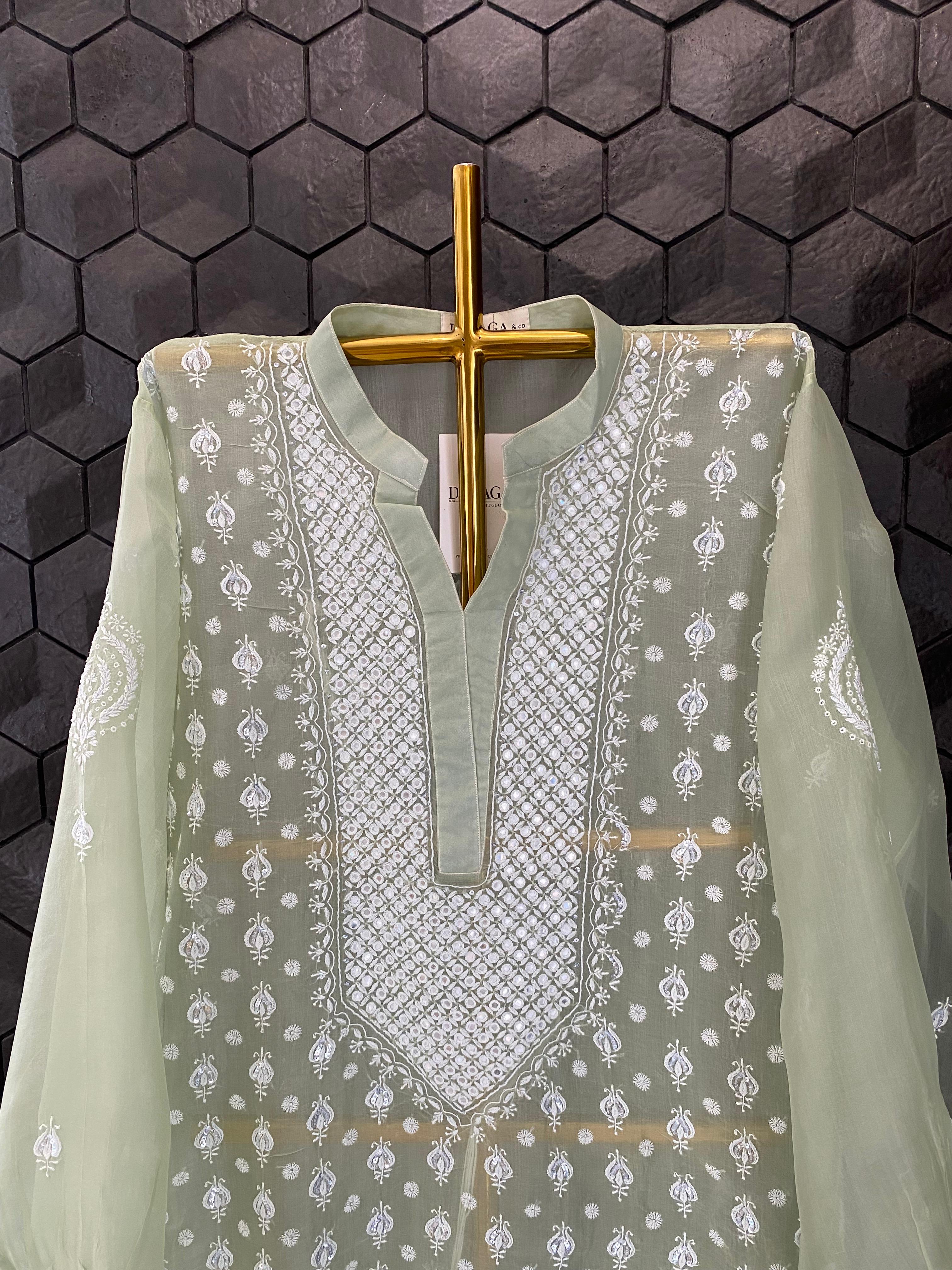 Green Organza Chikankari Mirror work Co-ord Set