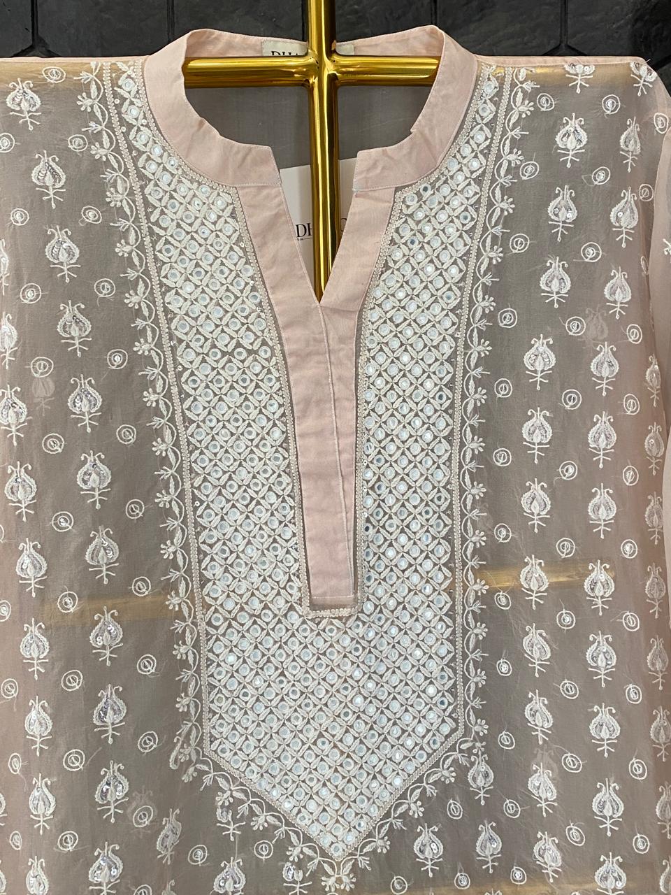 Peach organza chikankari co-ord set