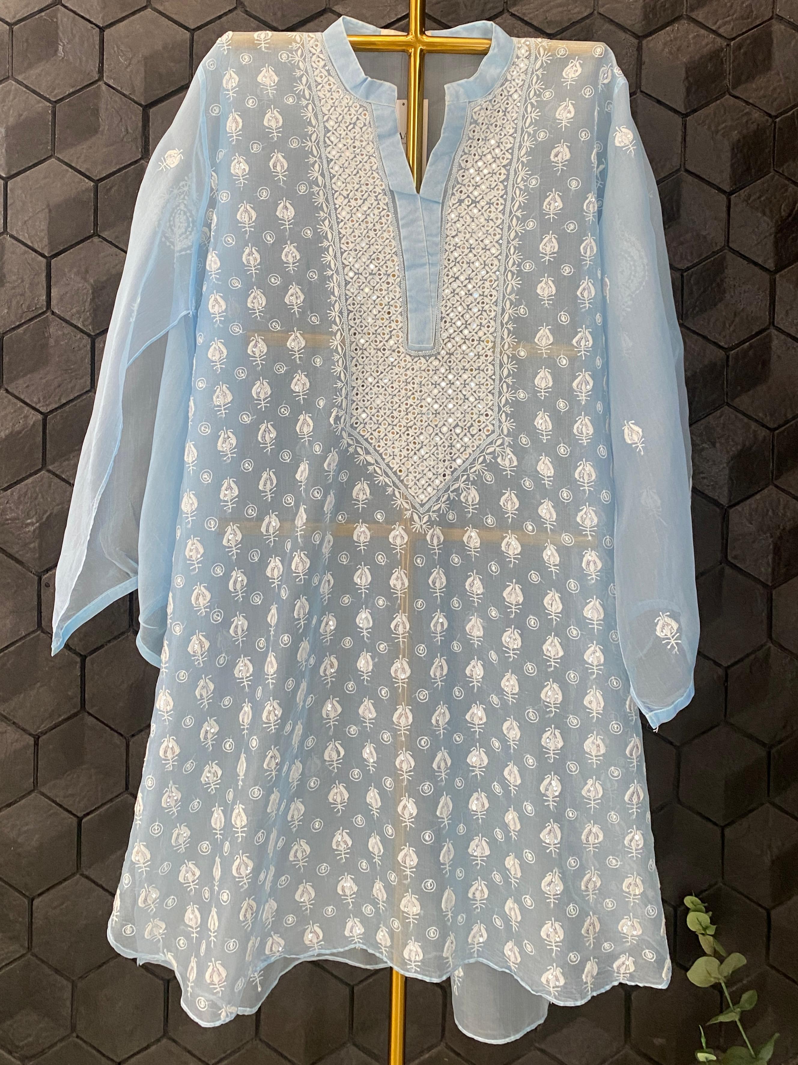 Sky Blue Organza chikankari co-ord set