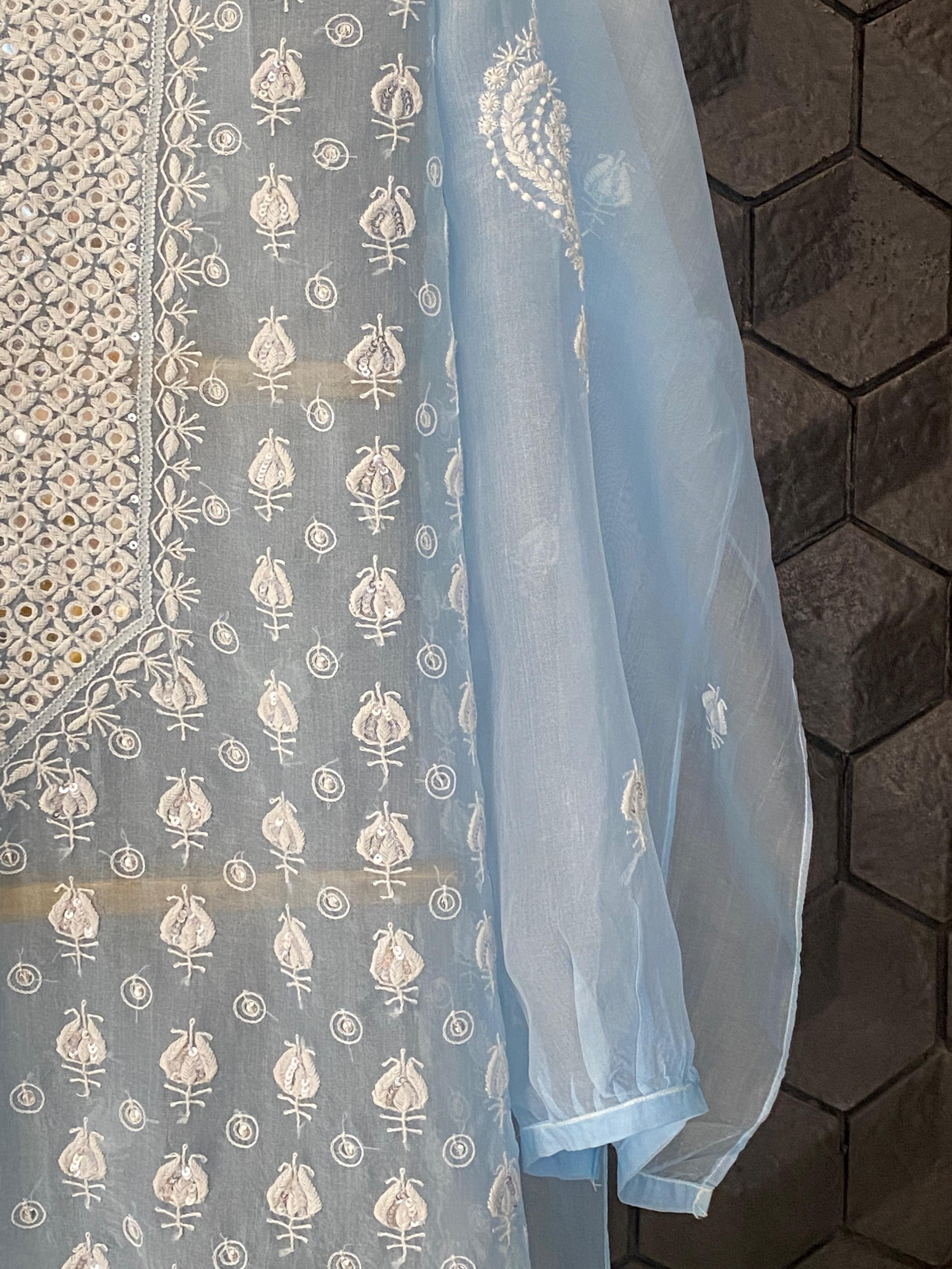 Sky Blue Organza chikankari co-ord set