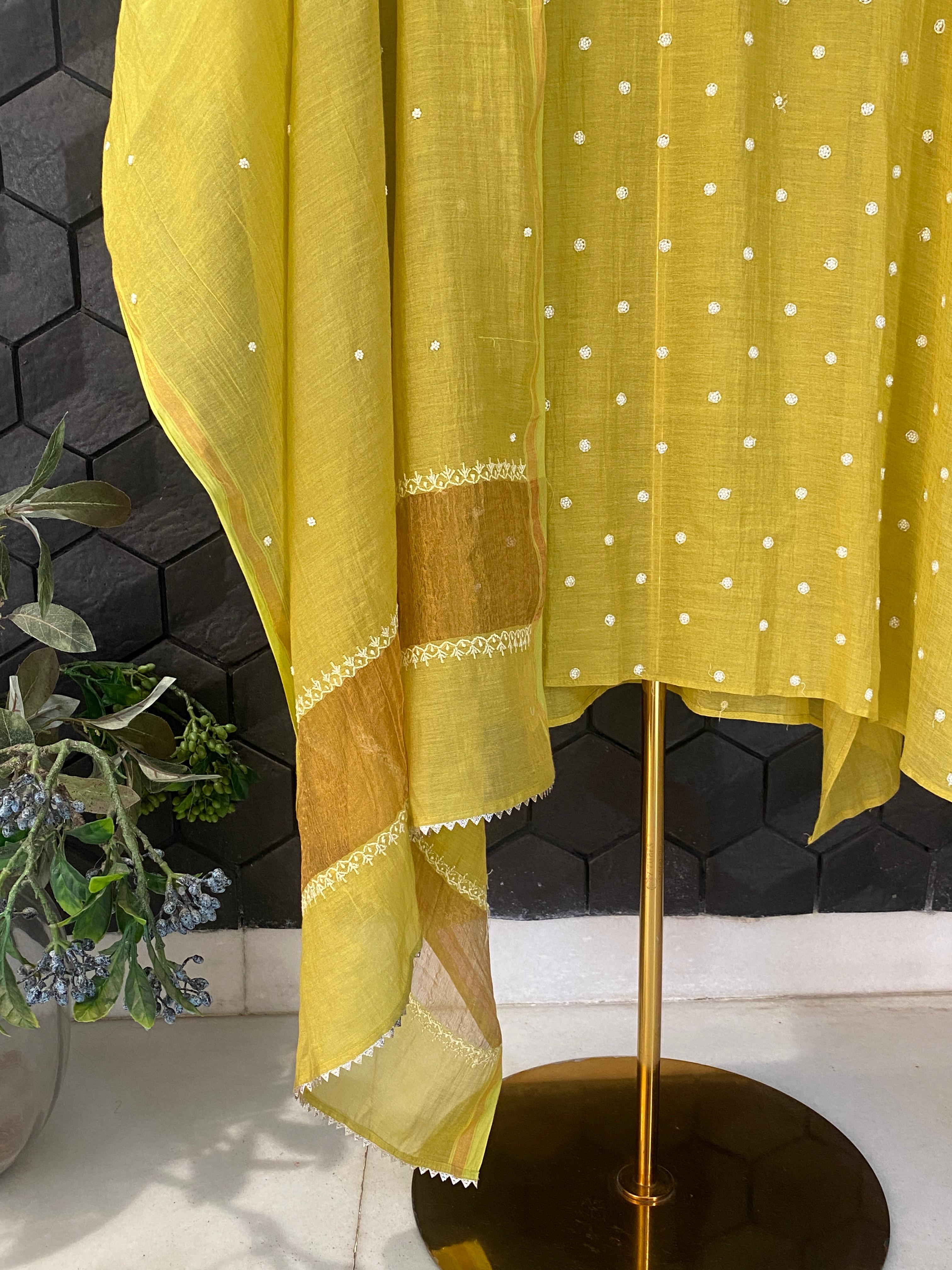 Green tissue chikankari kurta set