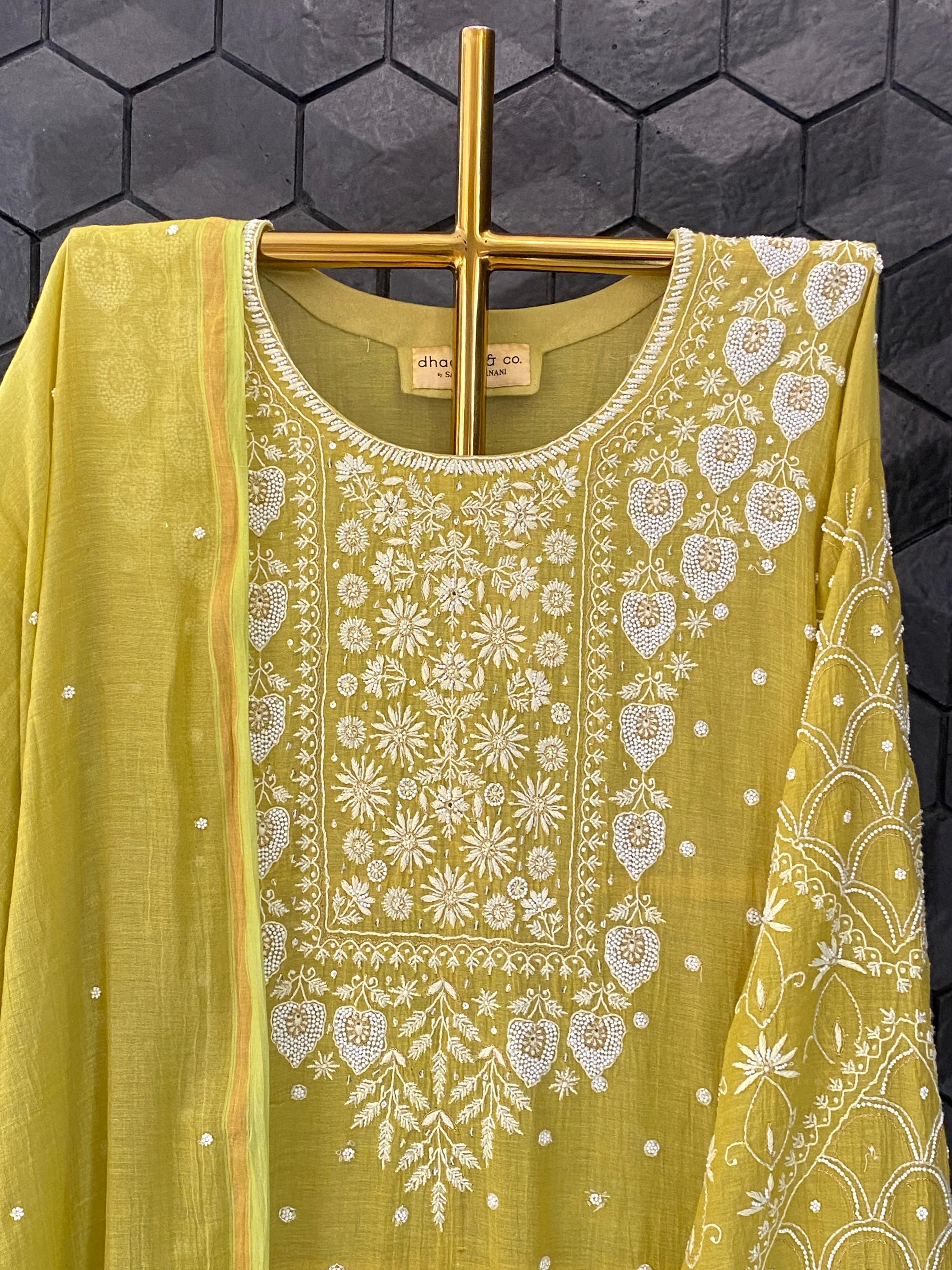 Green tissue chikankari kurta set