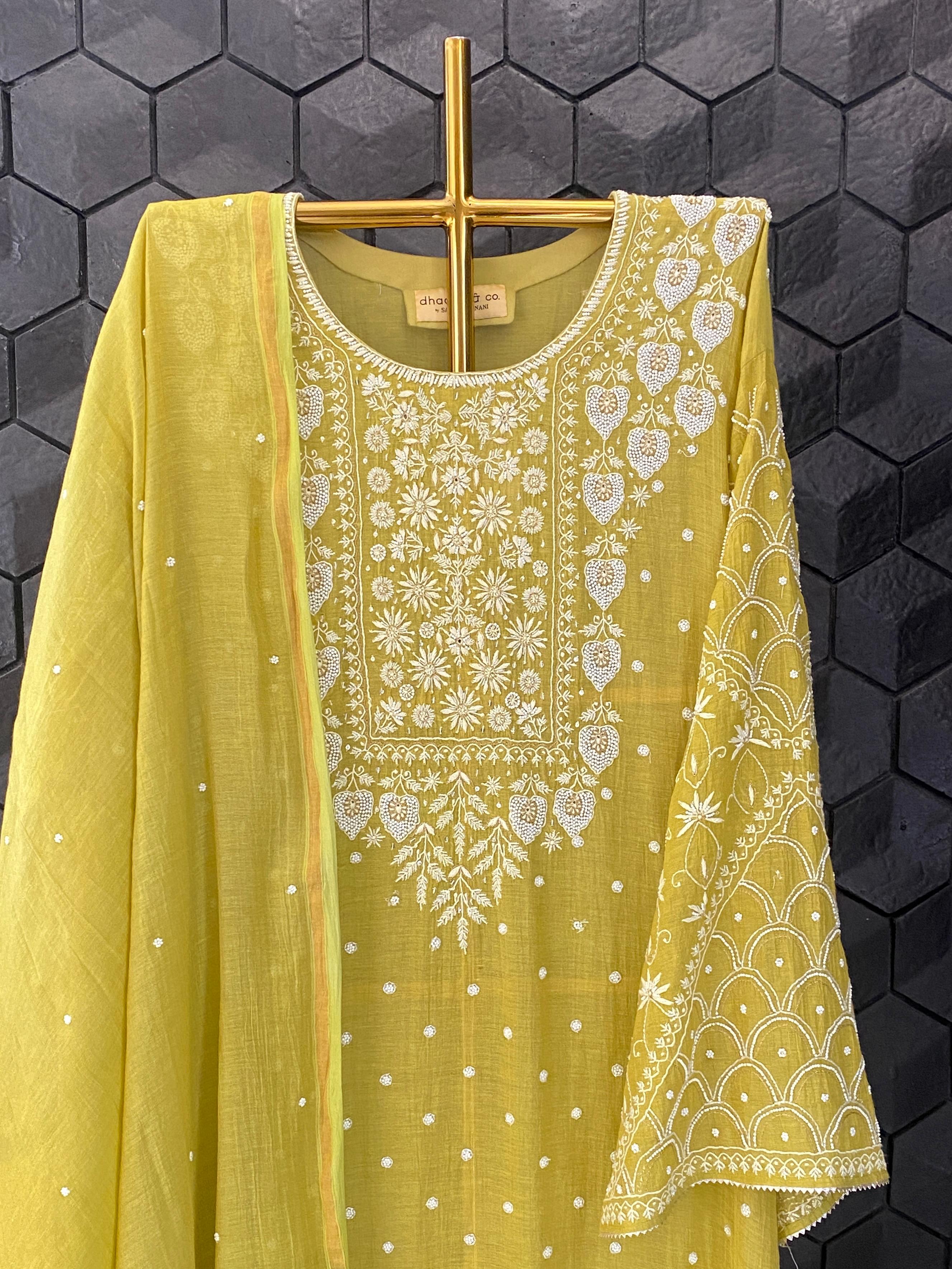 Green tissue chikankari kurta set