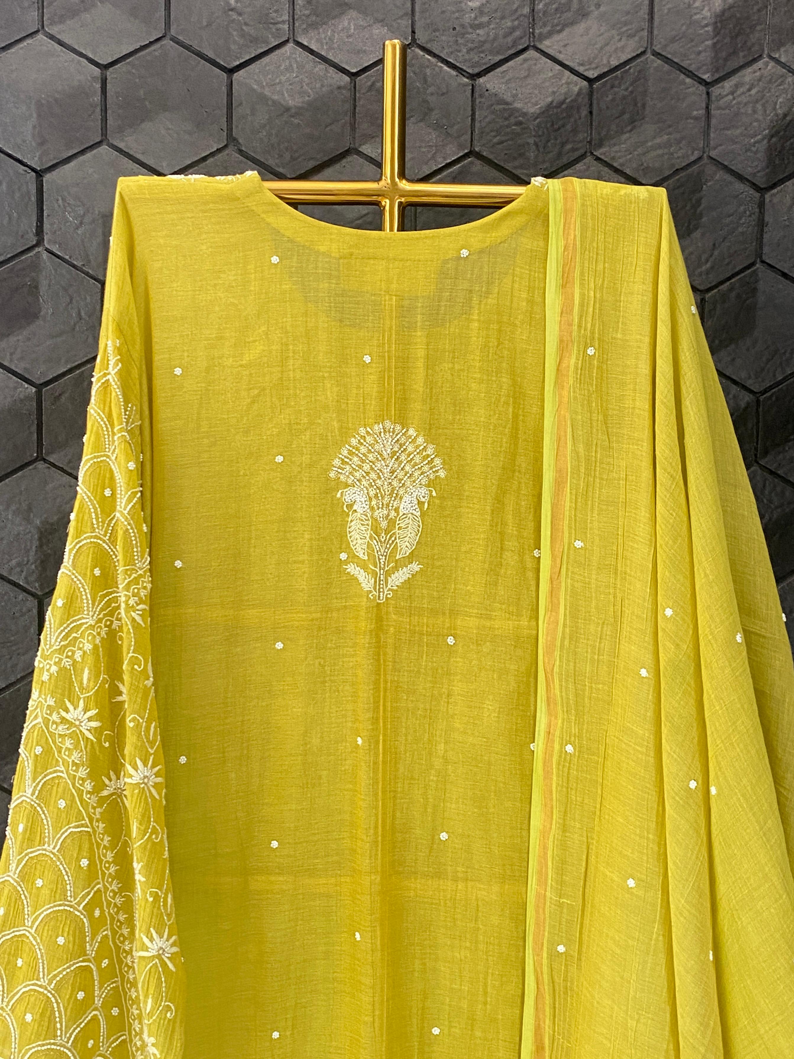 Green tissue chikankari kurta set