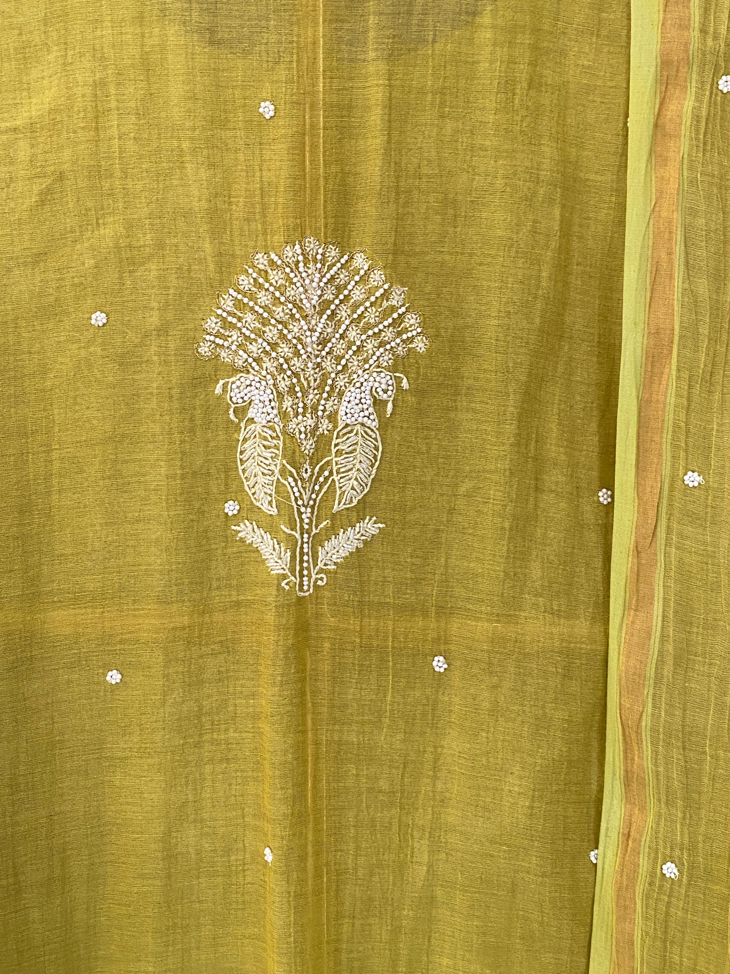 Green tissue chikankari kurta set