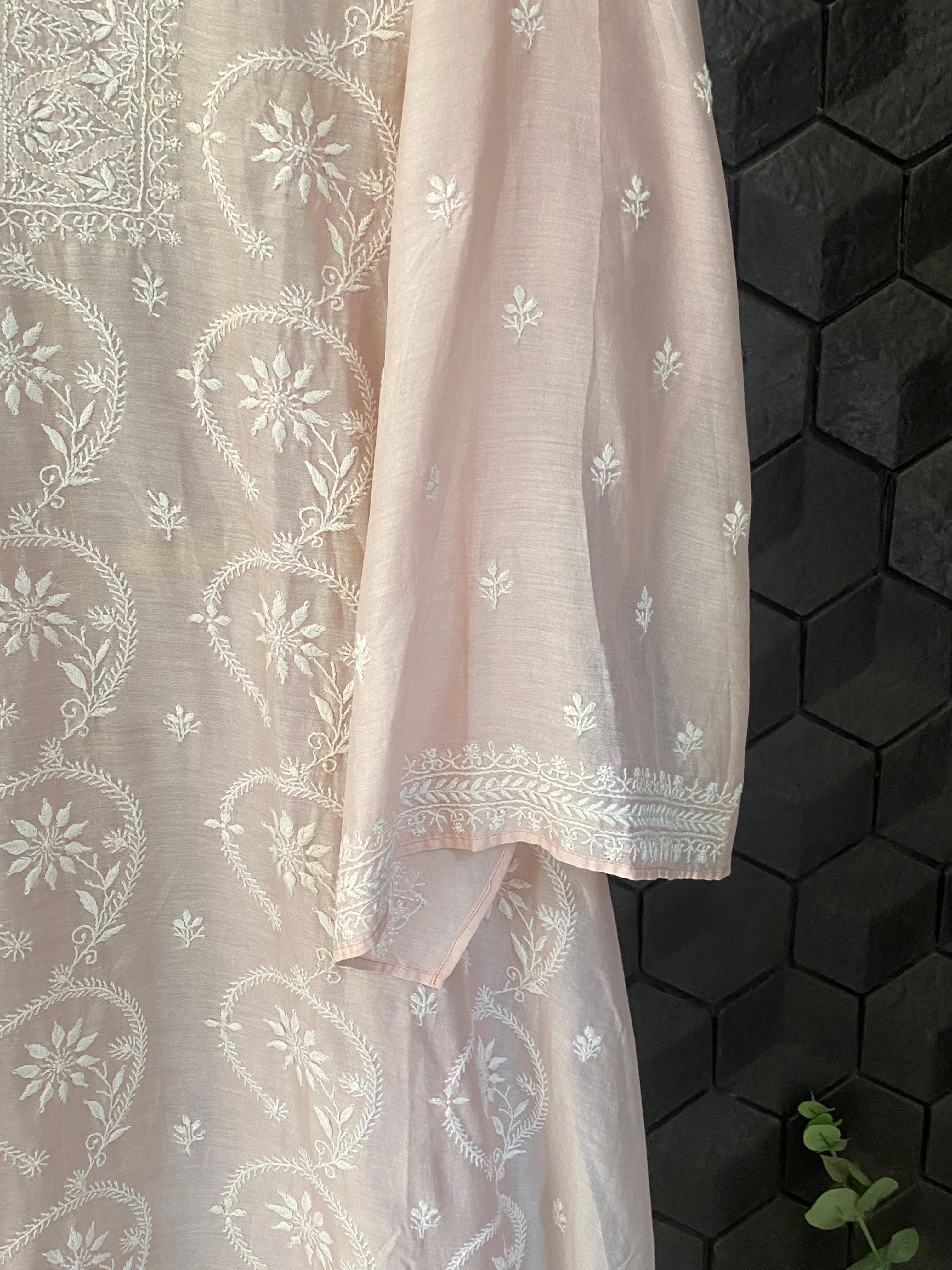 Pink Chanderi chikankari kurta set