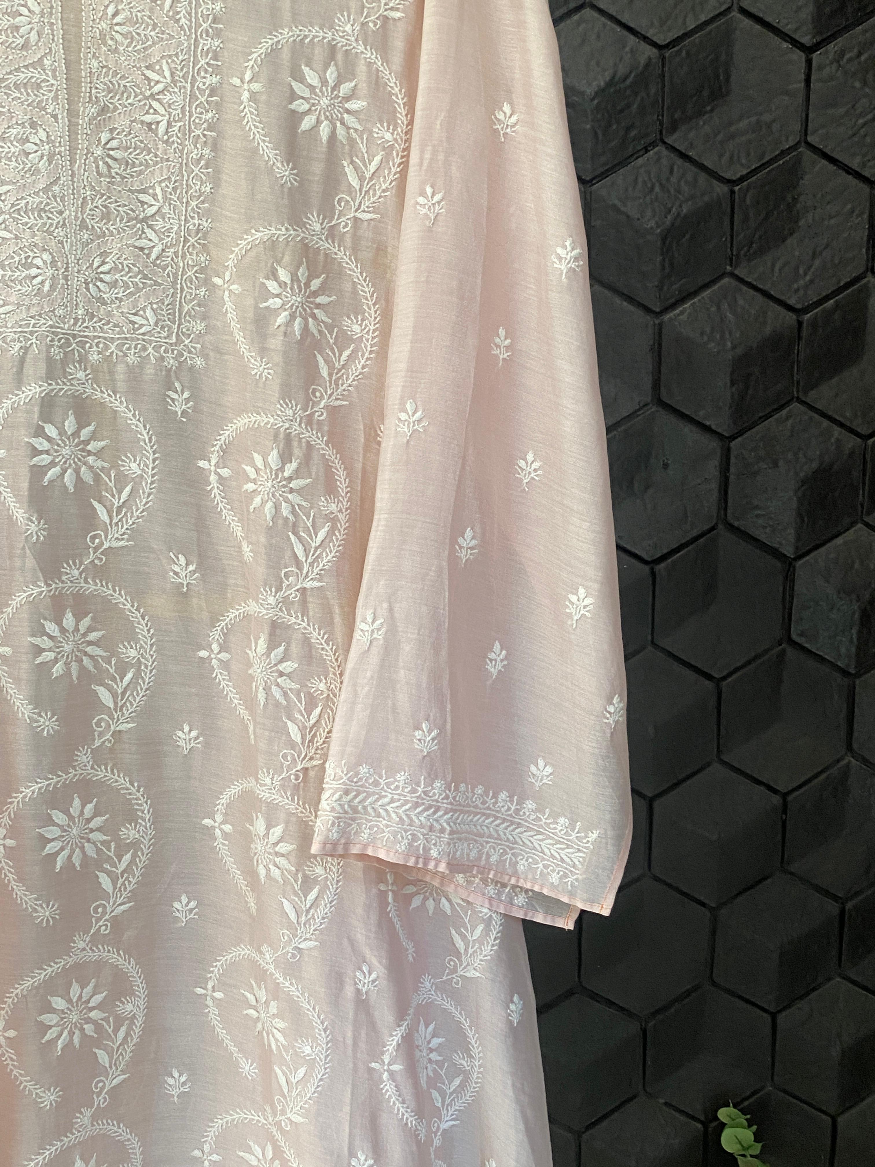 Pink Chanderi chikankari kurta set