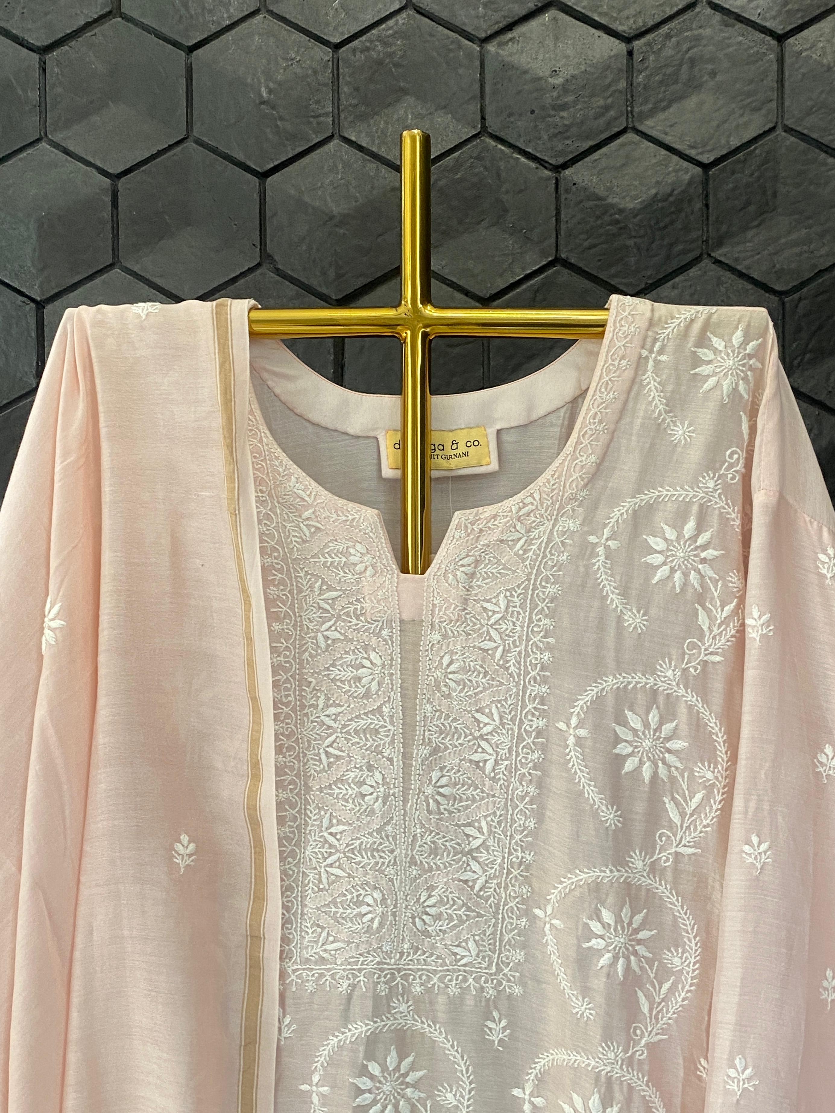 Pink Chanderi chikankari kurta set