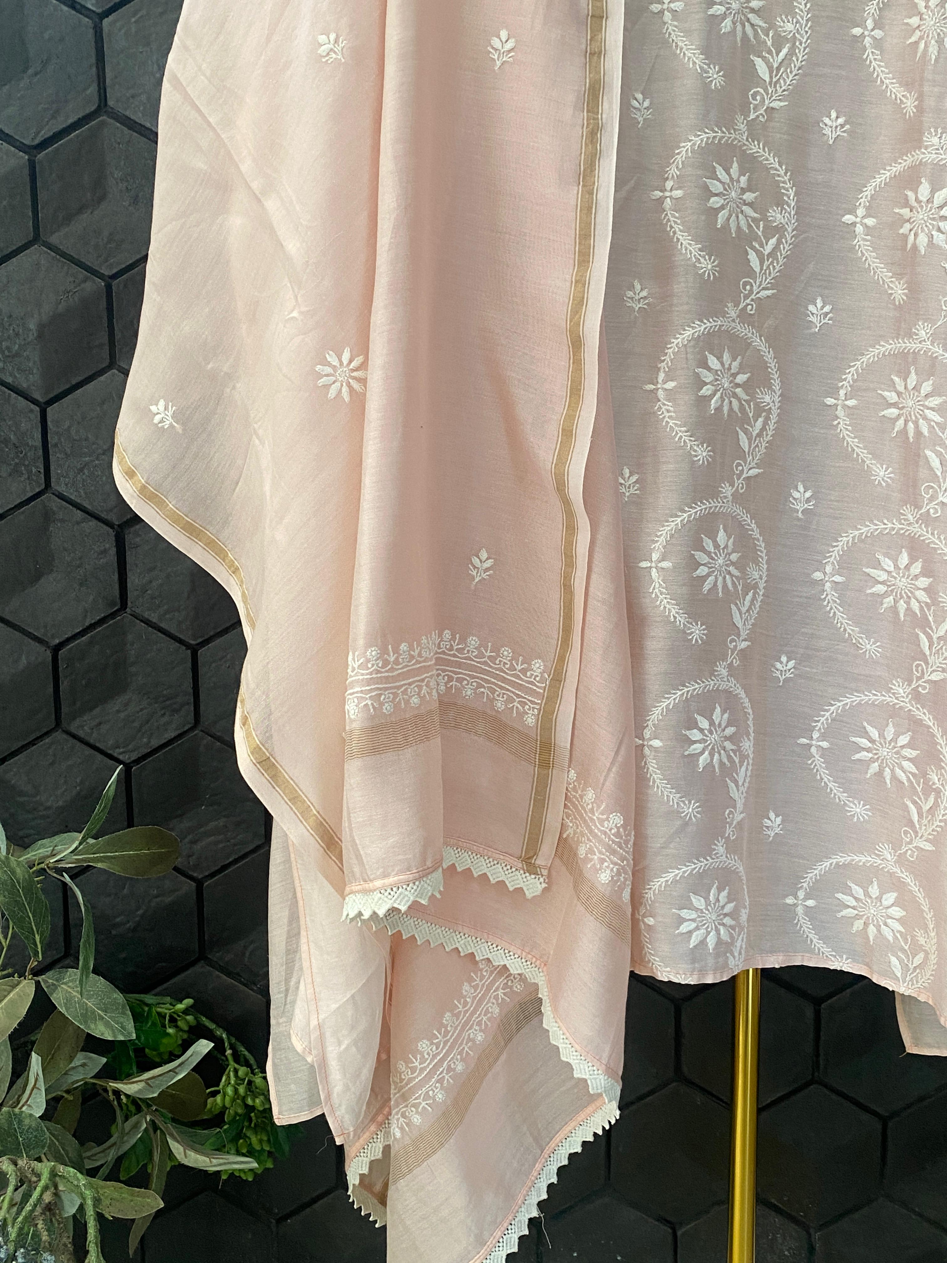 Pink Chanderi chikankari kurta set
