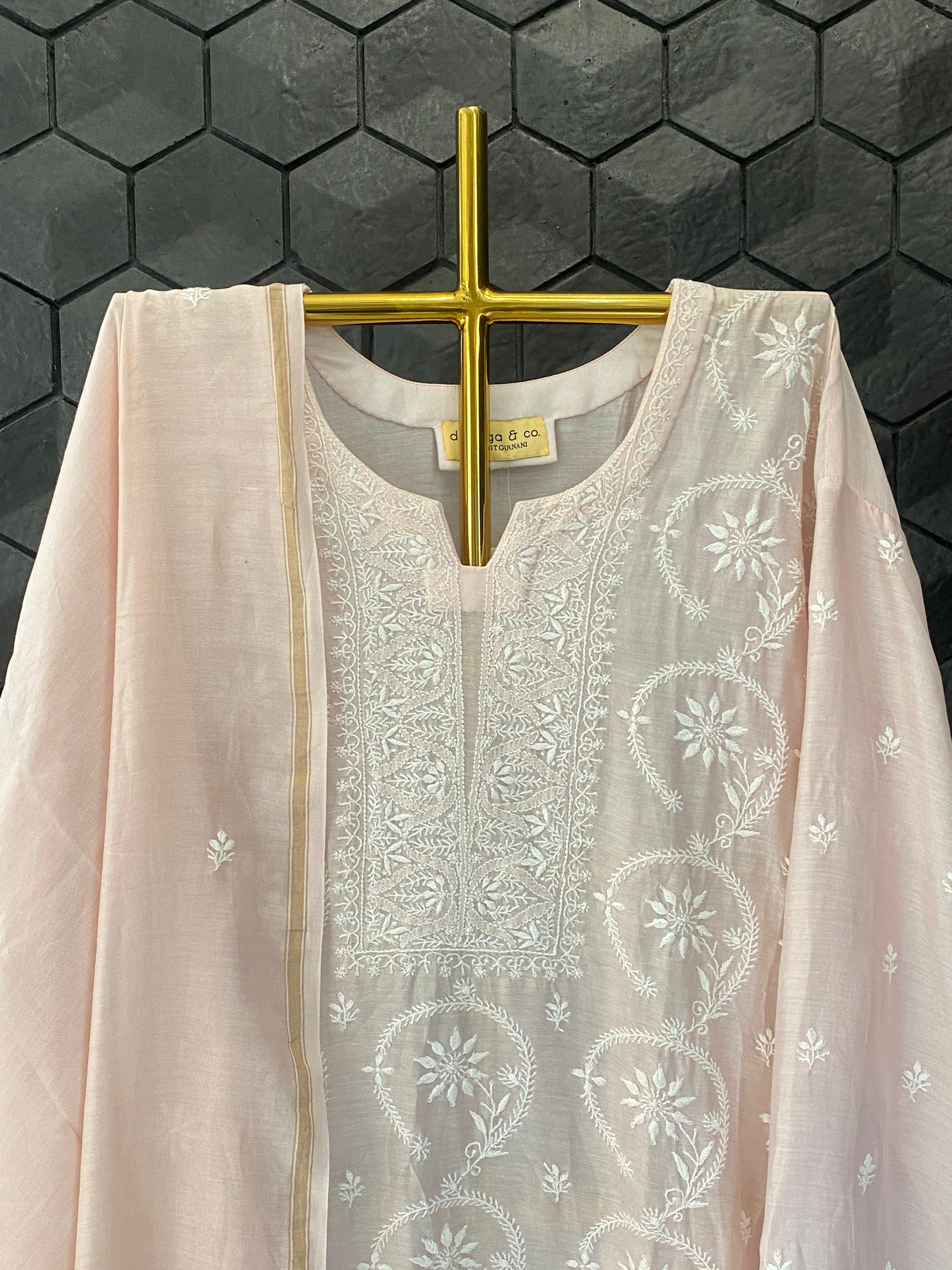 Pink Chanderi chikankari kurta set