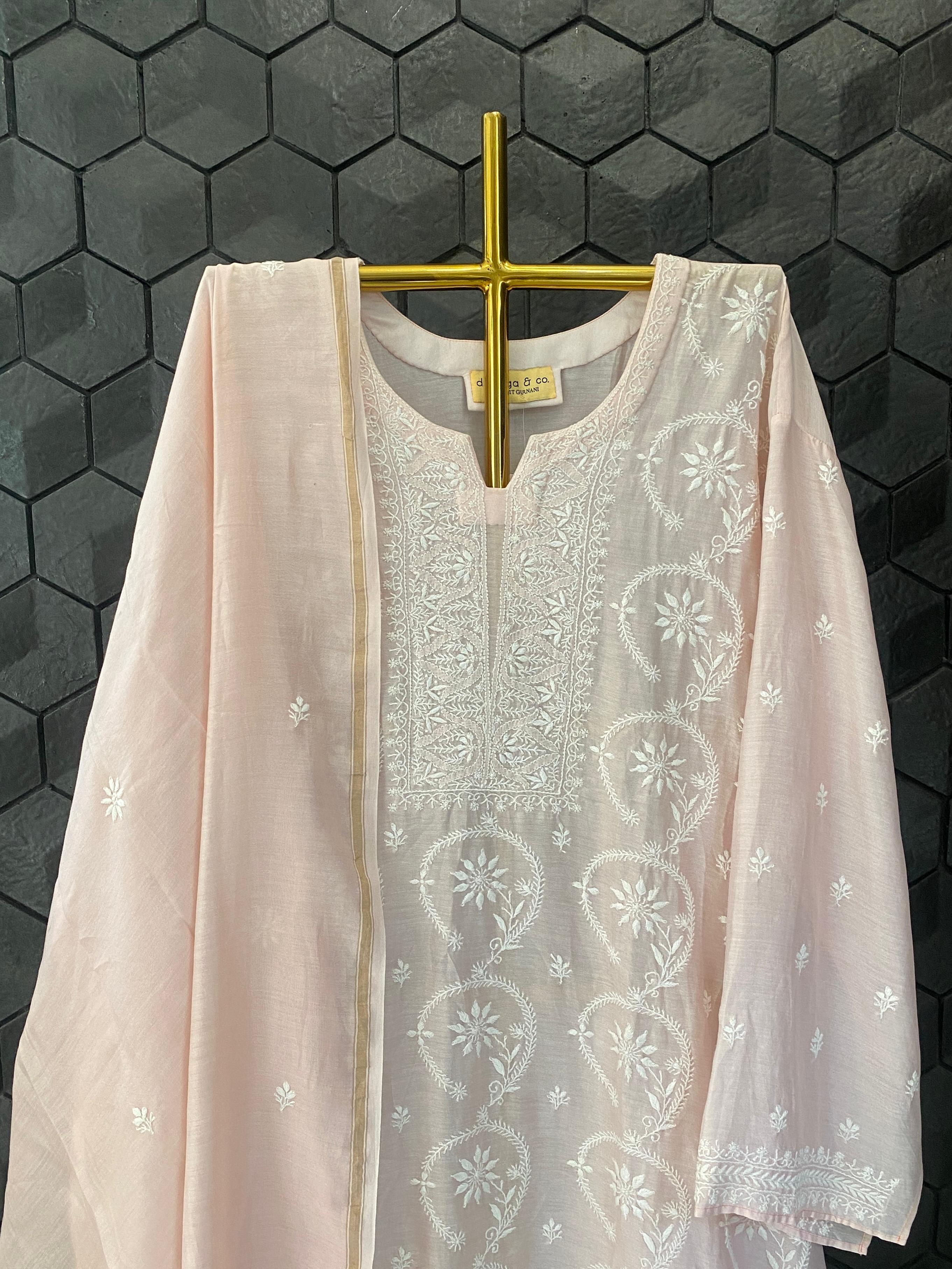 Pink Chanderi chikankari kurta set