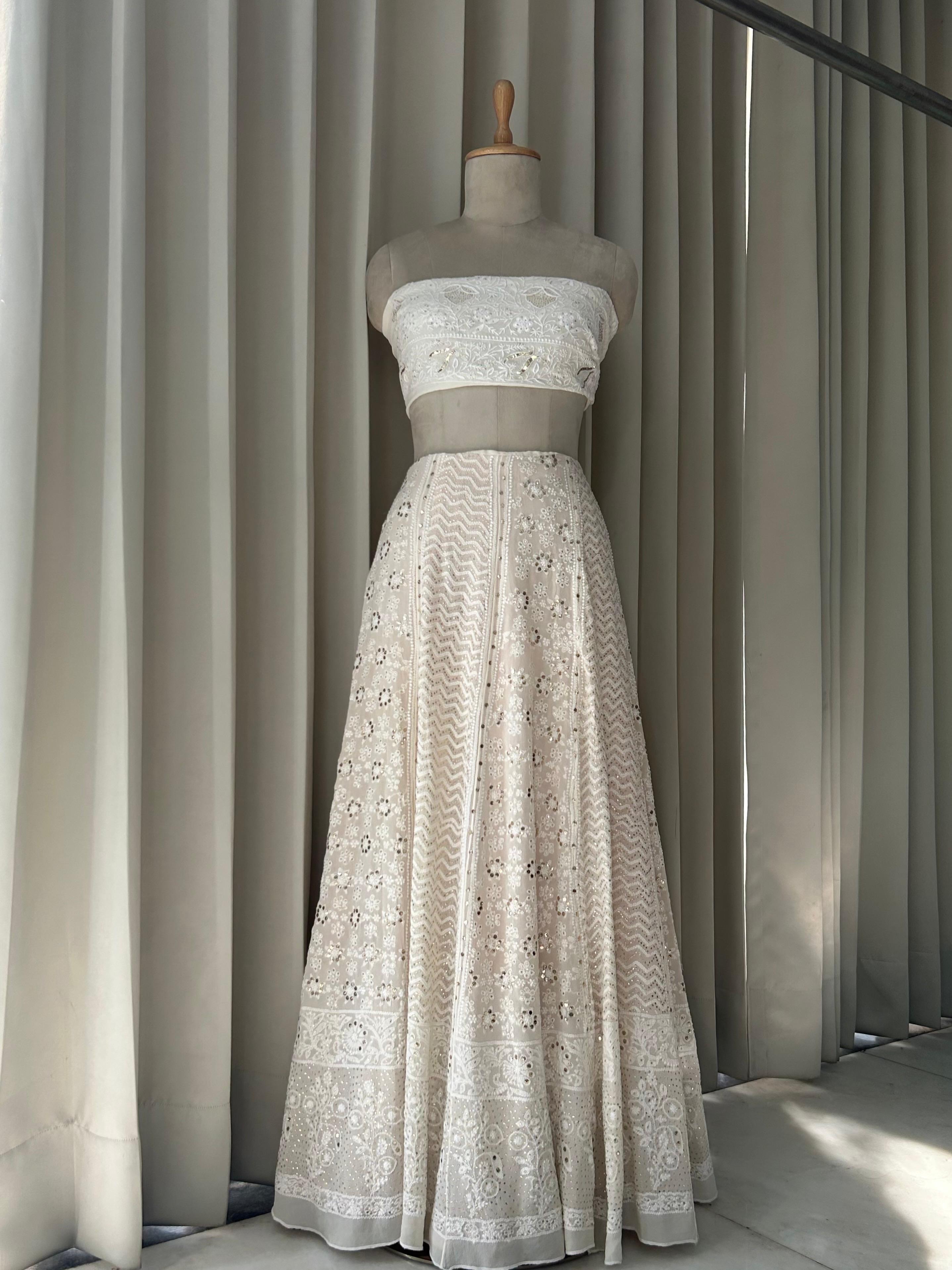 White georgette chikankari mukaish skirt