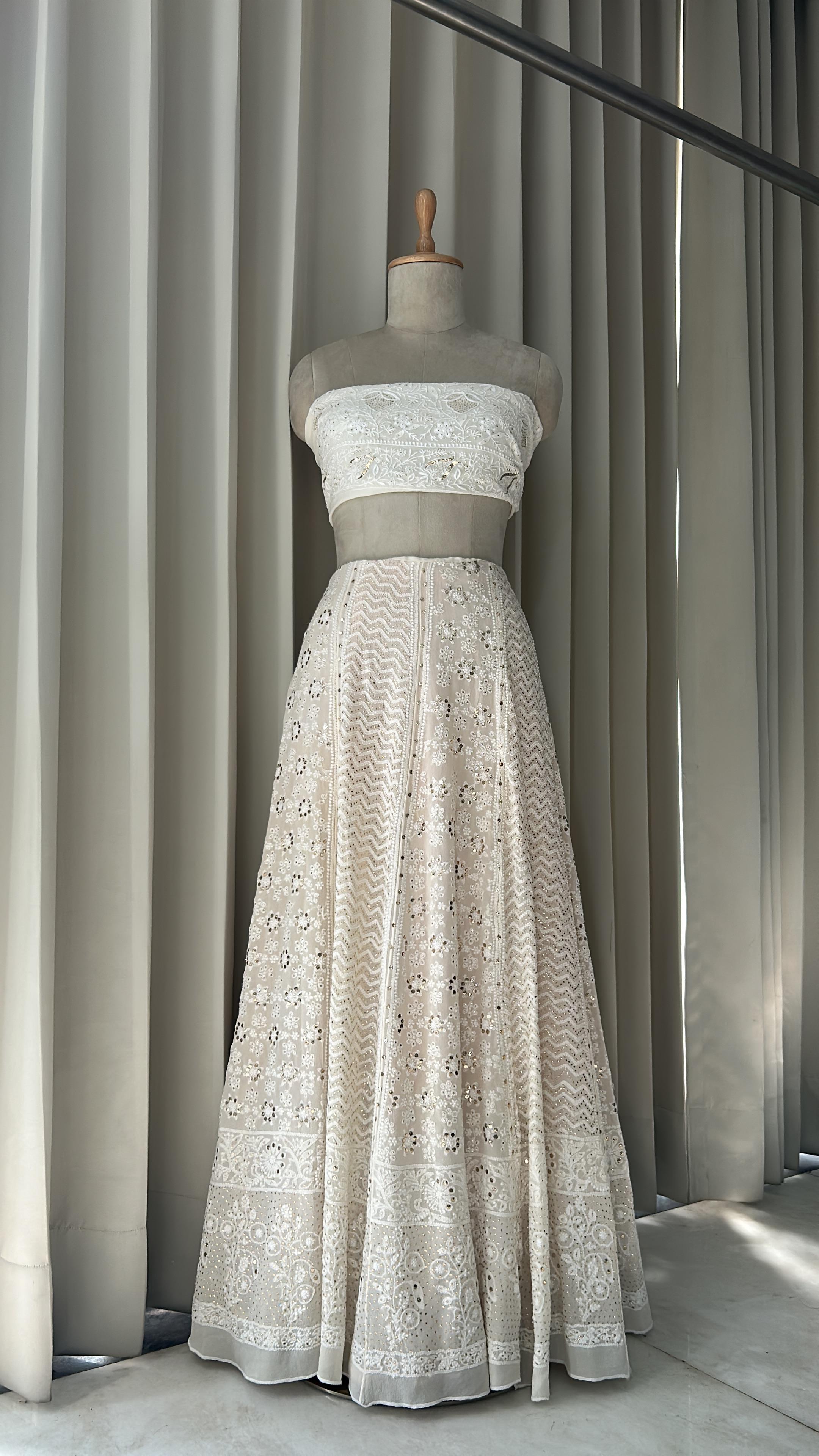 White georgette chikankari mukaish skirt