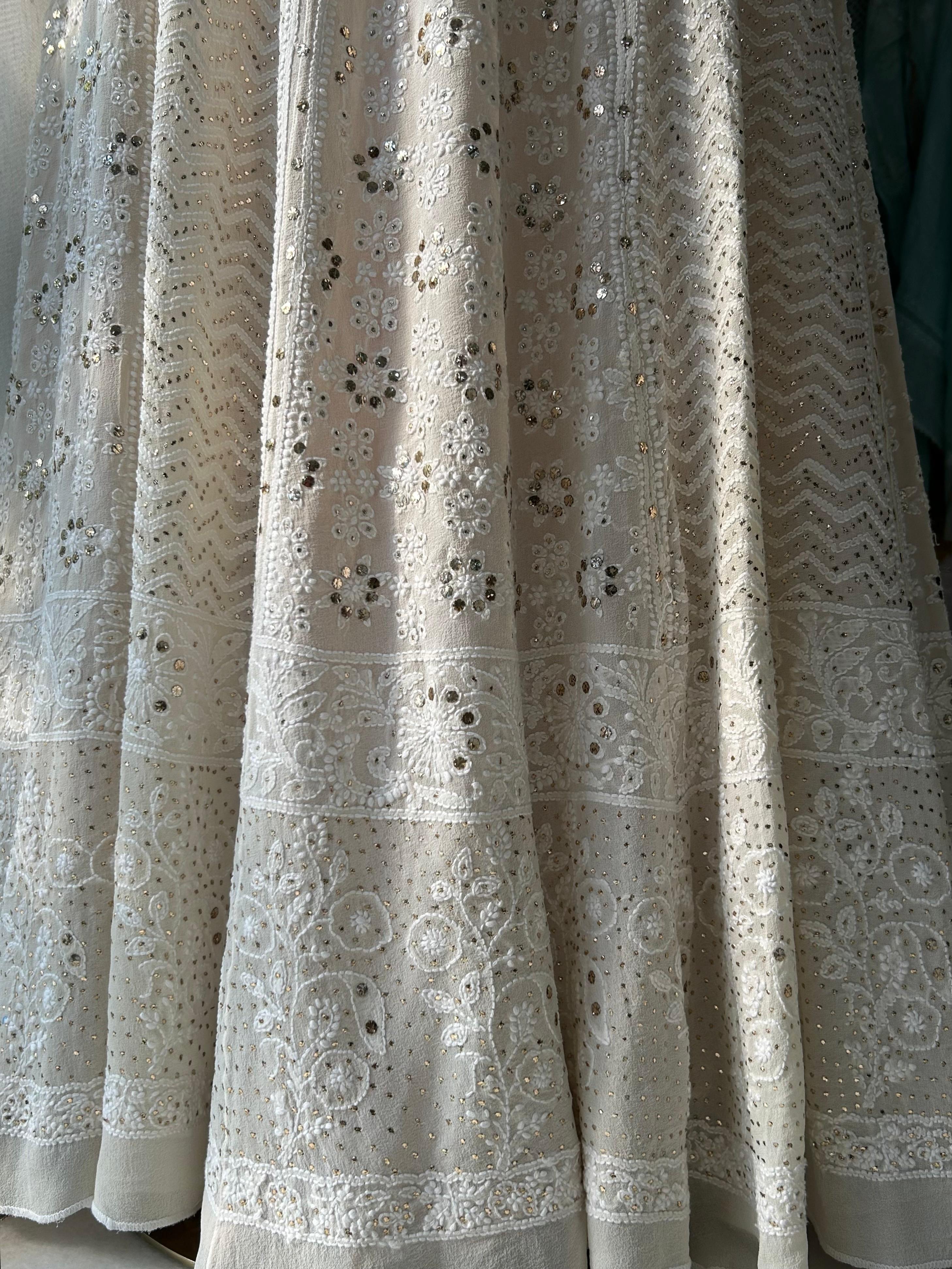 White georgette chikankari mukaish skirt