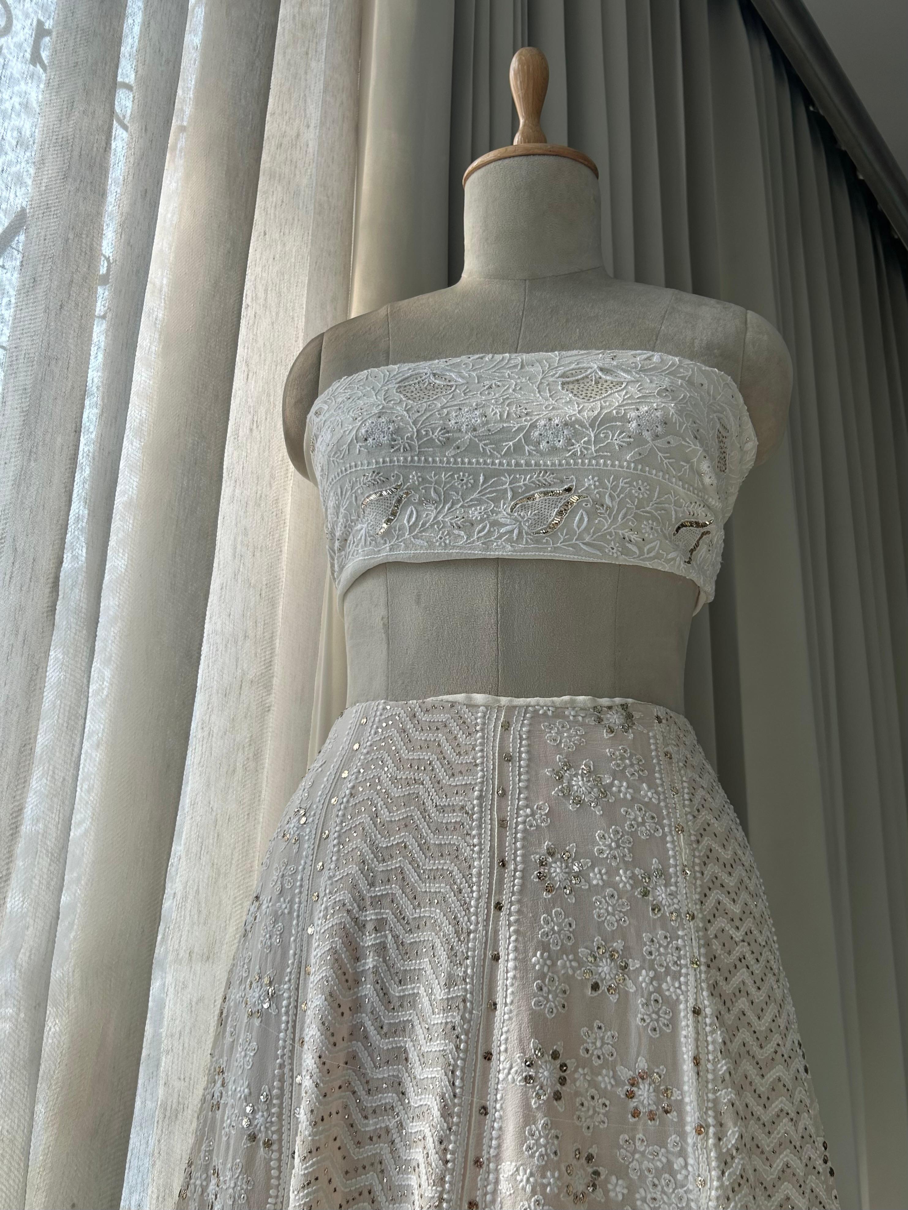 White georgette chikankari mukaish skirt