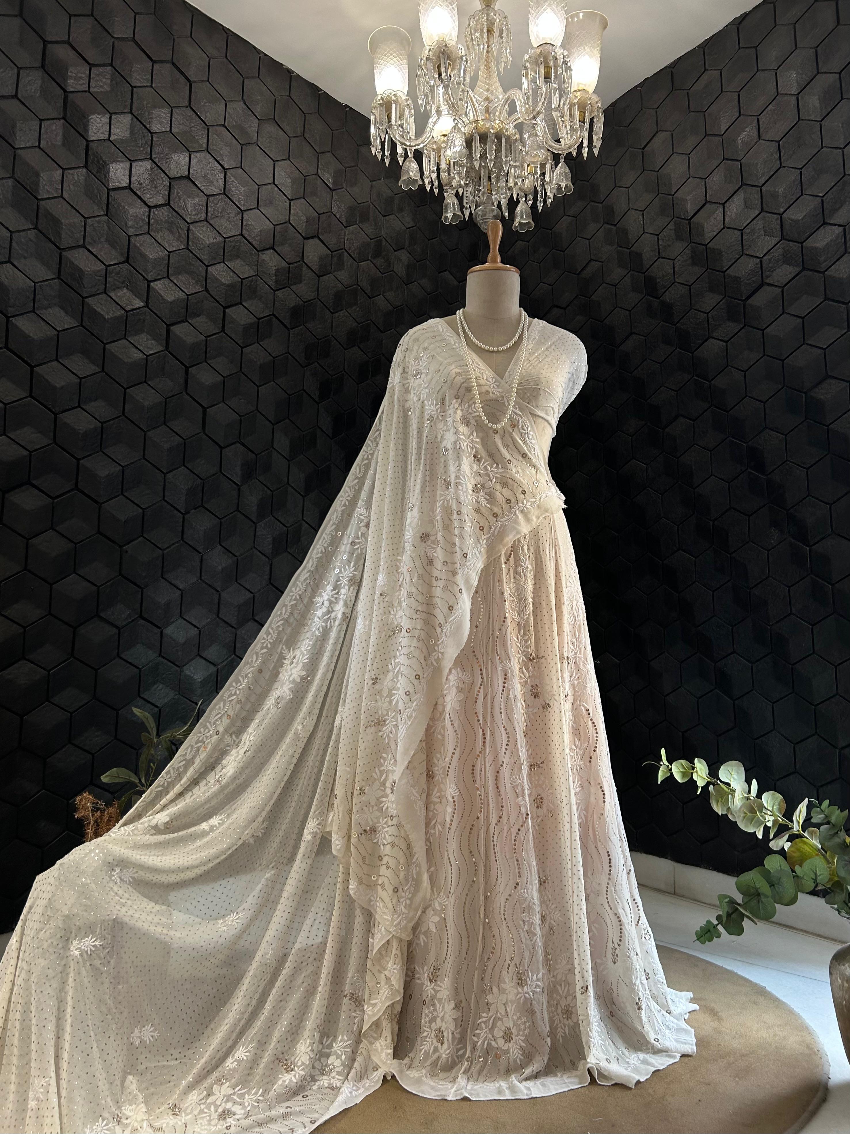 White georgette chikankari mukaish lehenga set