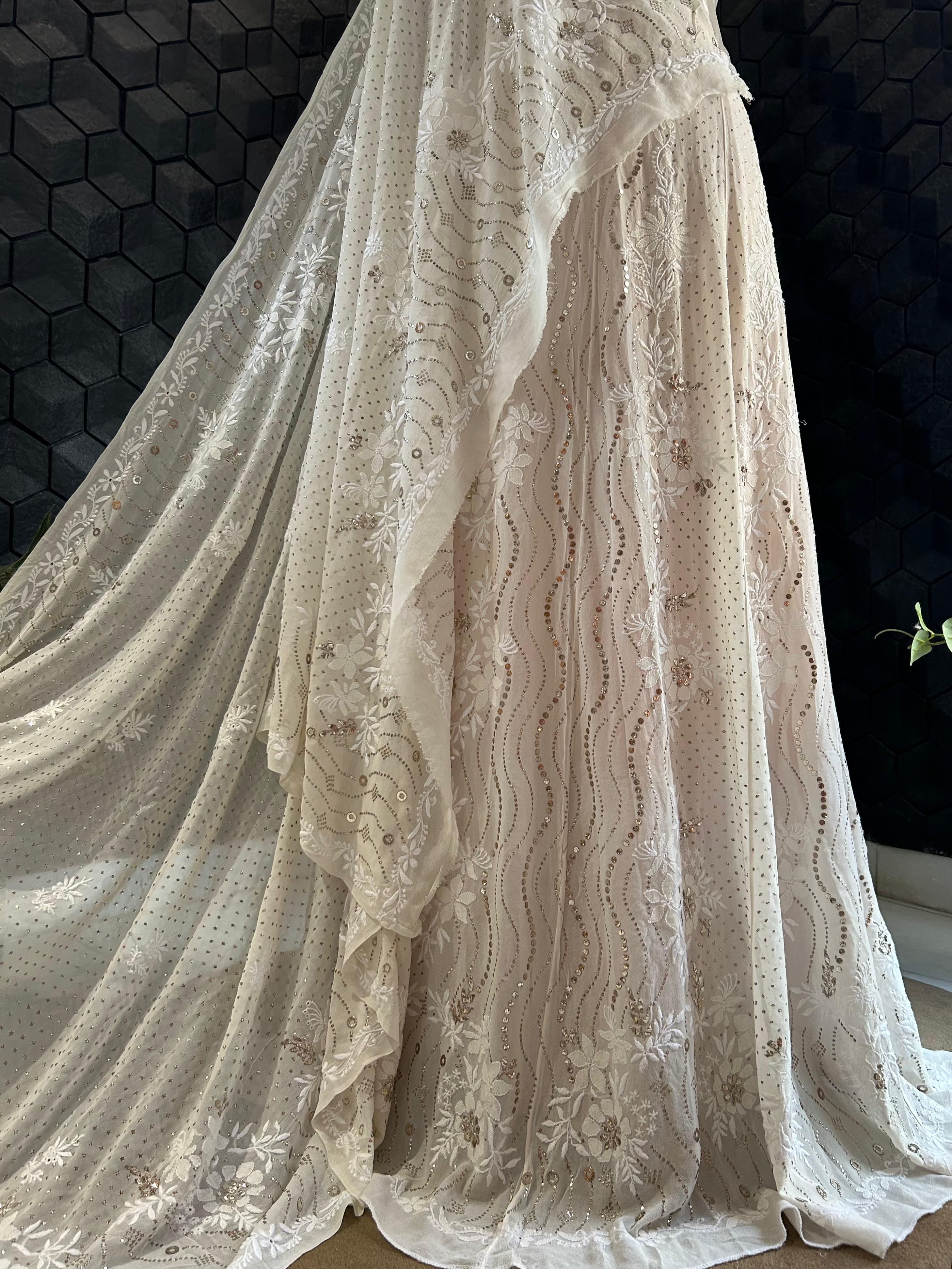 White georgette chikankari mukaish lehenga set