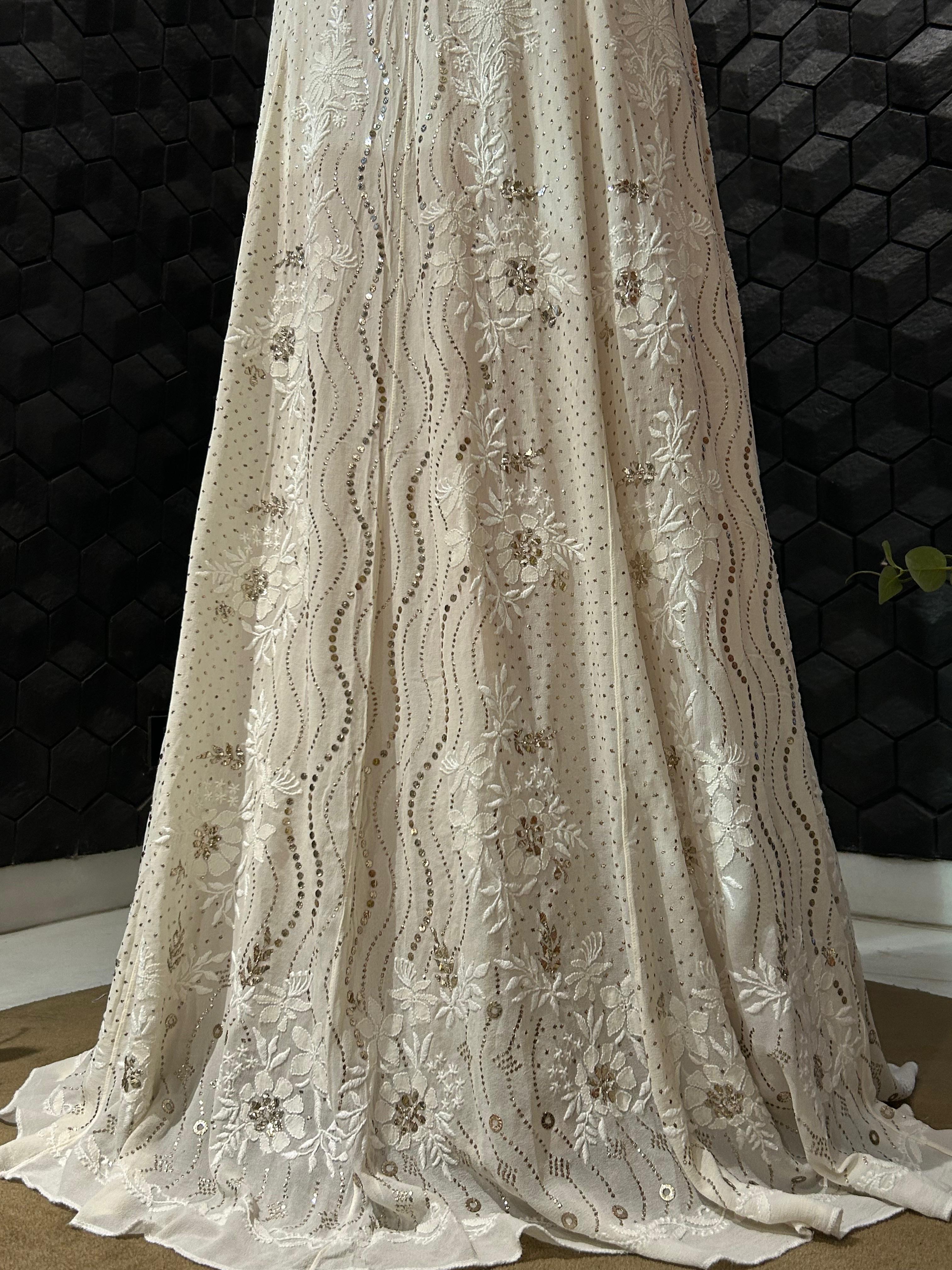 White georgette chikankari mukaish lehenga set