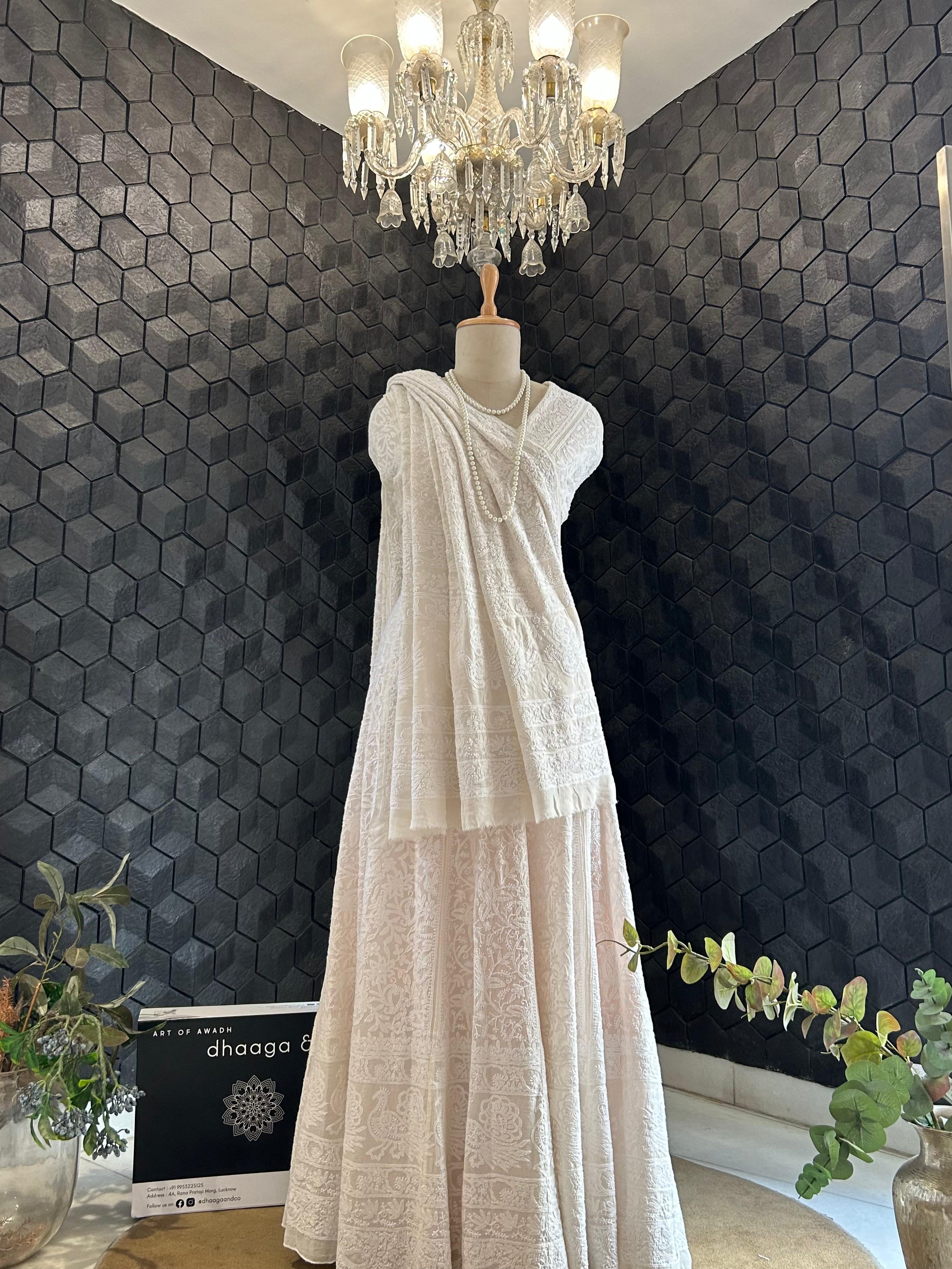 White Georgette ek-taar chikankari lehenga set